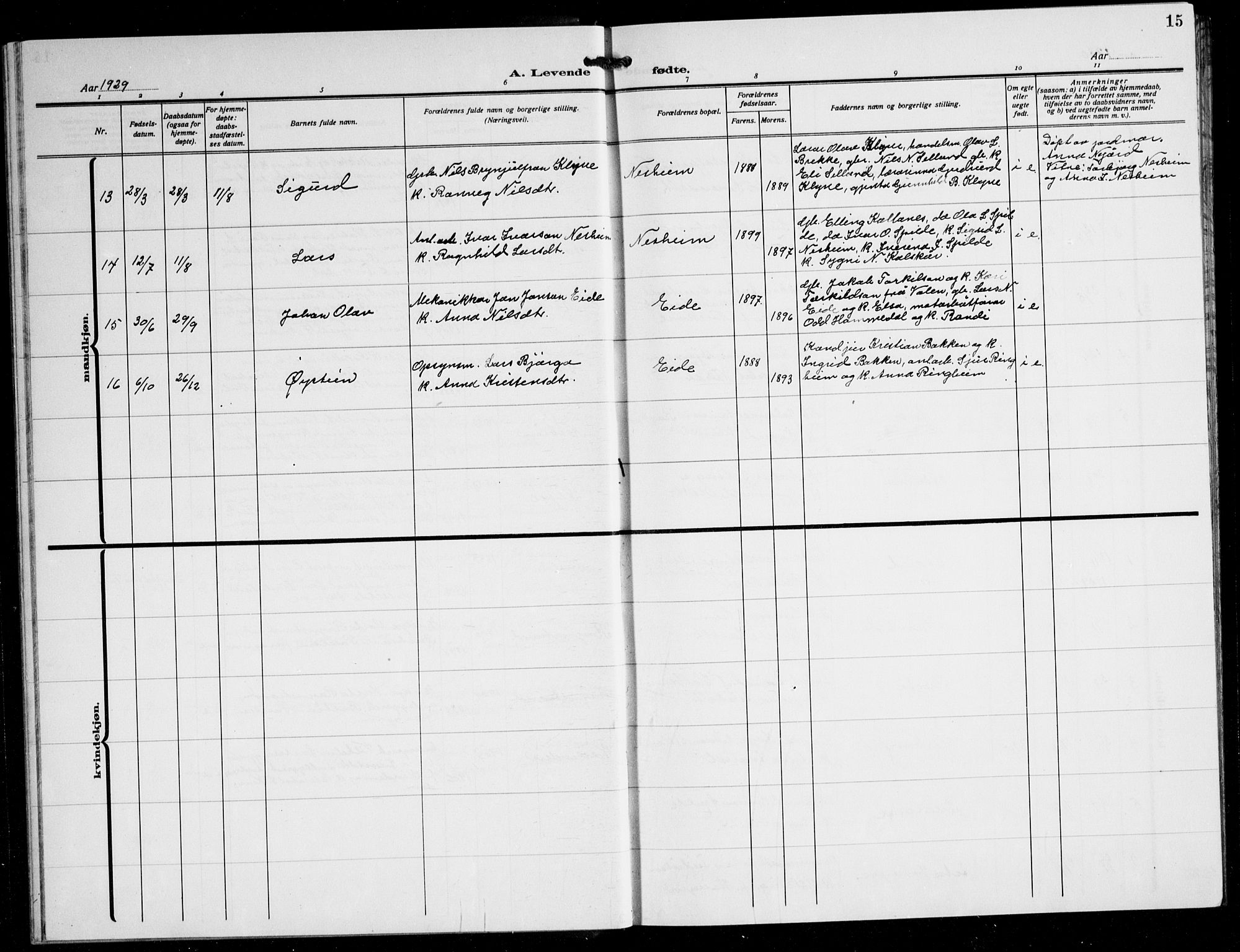 Ulvik sokneprestembete, SAB/A-78801/H/Hab: Parish register (copy) no. B 5, 1924-1942, p. 15