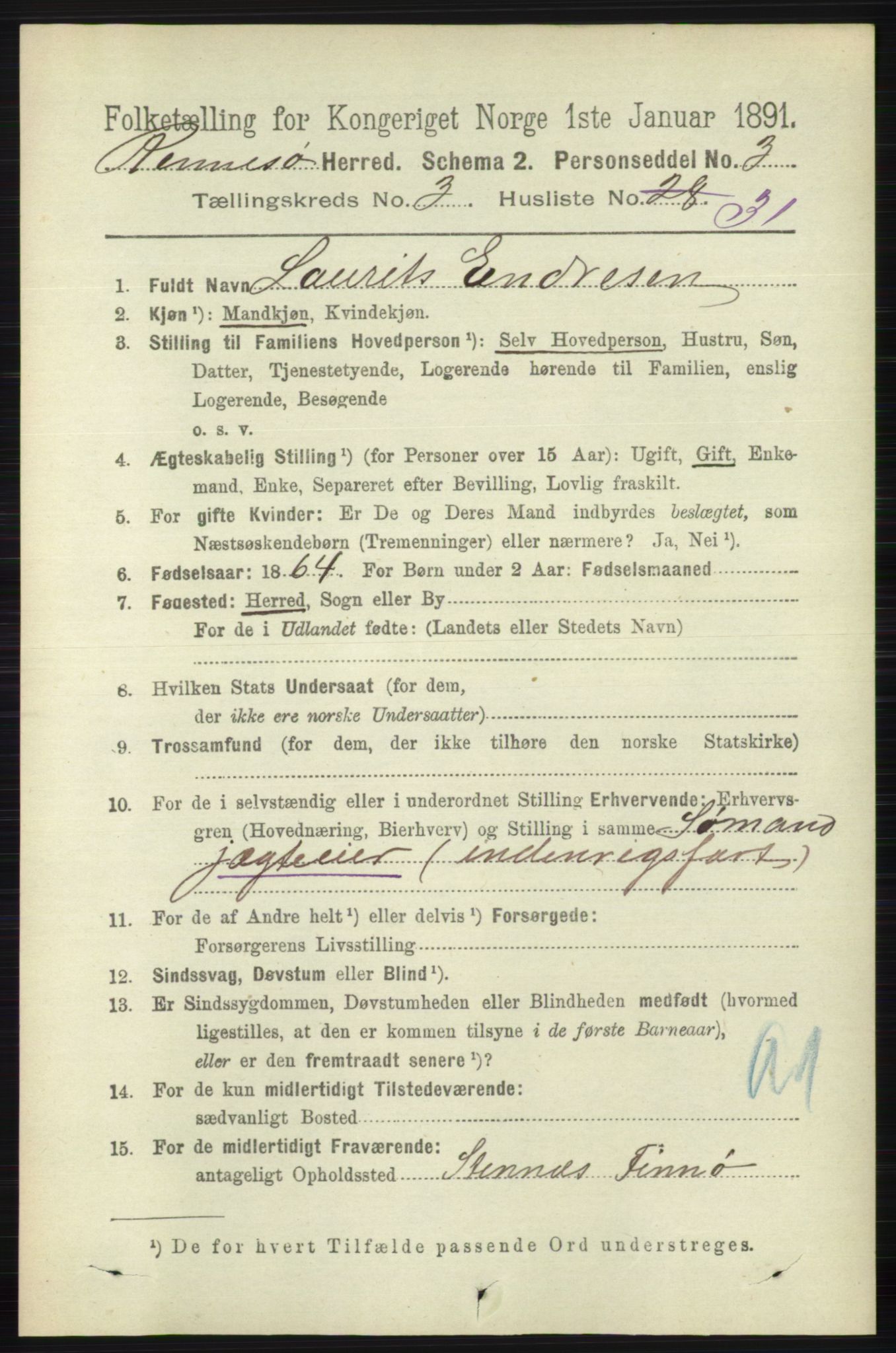 RA, 1891 census for 1142 Rennesøy, 1891, p. 1159