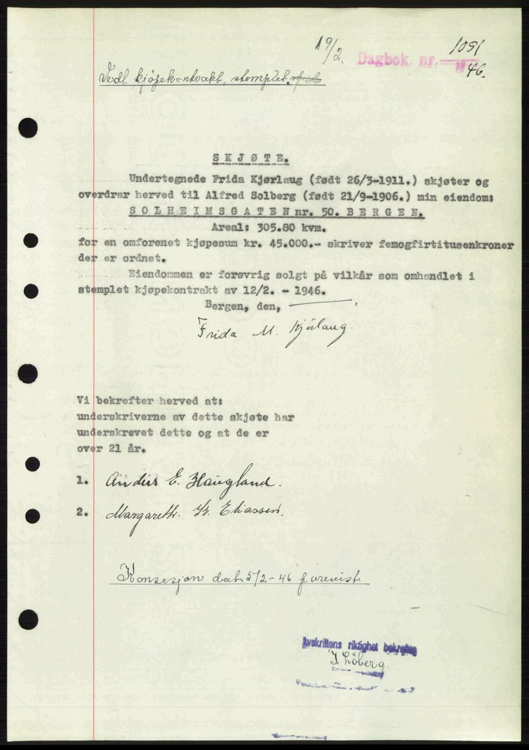 Byfogd og Byskriver i Bergen, AV/SAB-A-3401/03/03Bc/L0022: Mortgage book no. A18, 1946-1946, Diary no: : 1051/1946