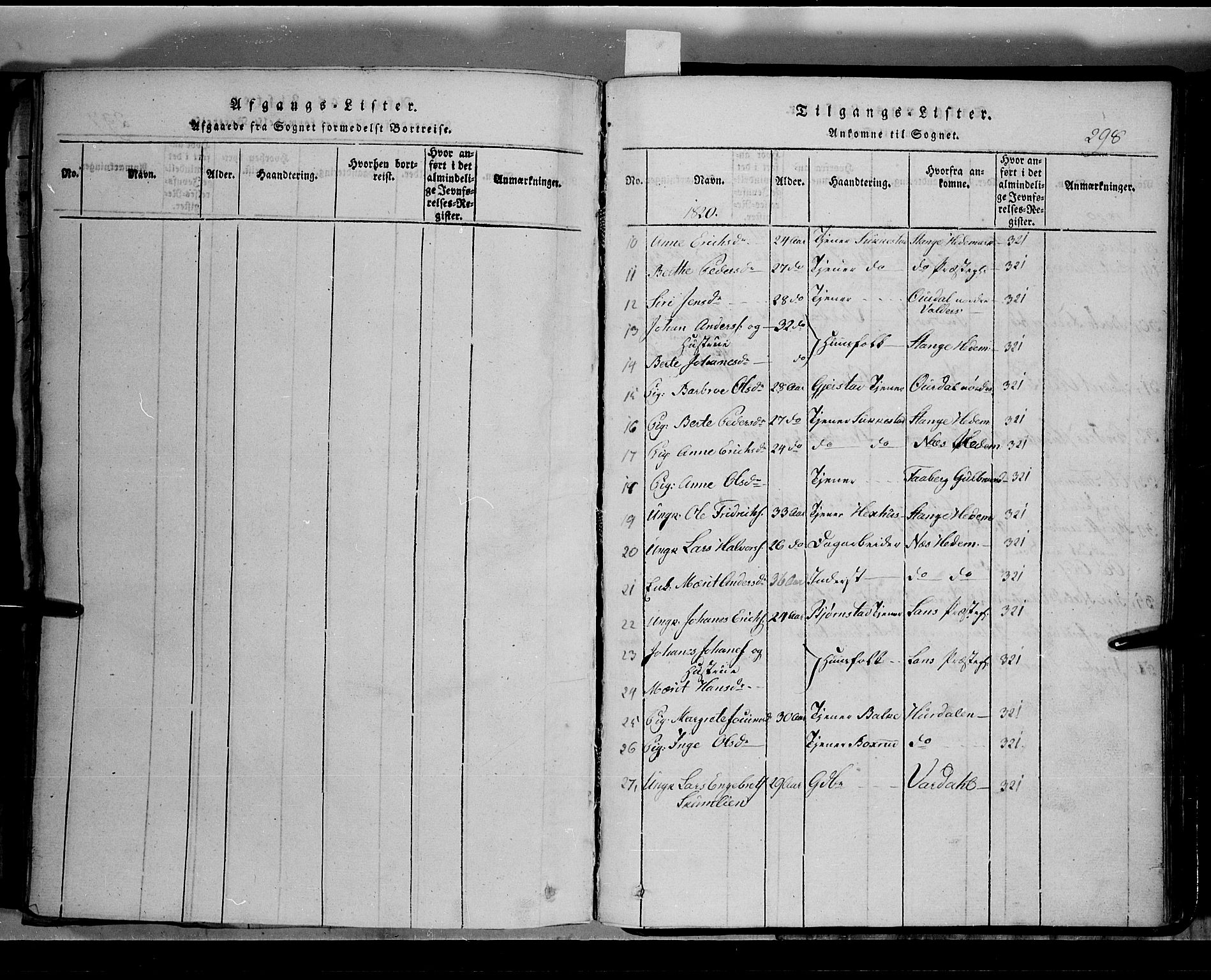 Toten prestekontor, SAH/PREST-102/H/Ha/Hab/L0002: Parish register (copy) no. 2, 1820-1827, p. 298
