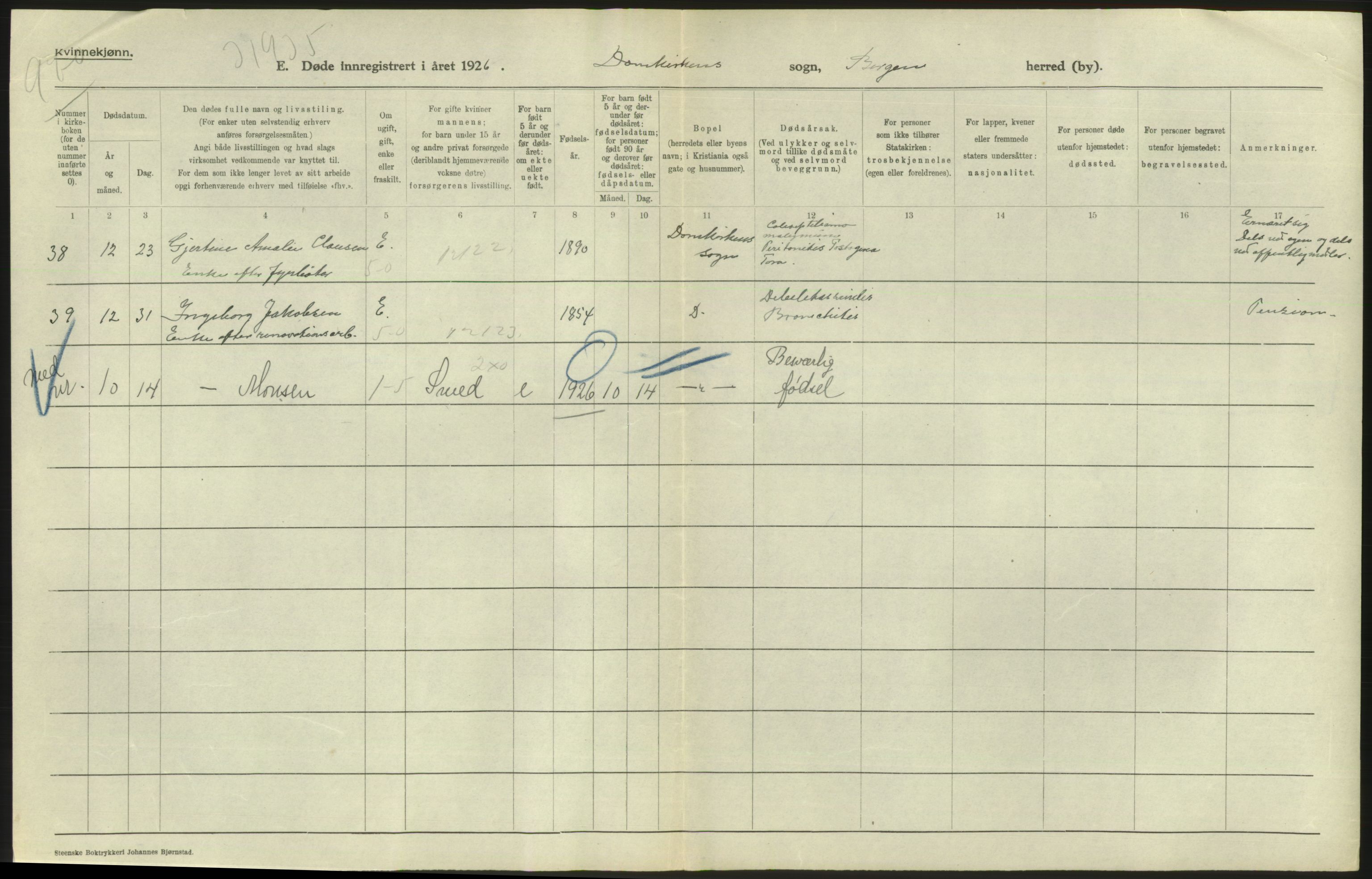 Statistisk sentralbyrå, Sosiodemografiske emner, Befolkning, RA/S-2228/D/Df/Dfc/Dfcf/L0028: Bergen: Gifte, døde, dødfødte., 1926, p. 364