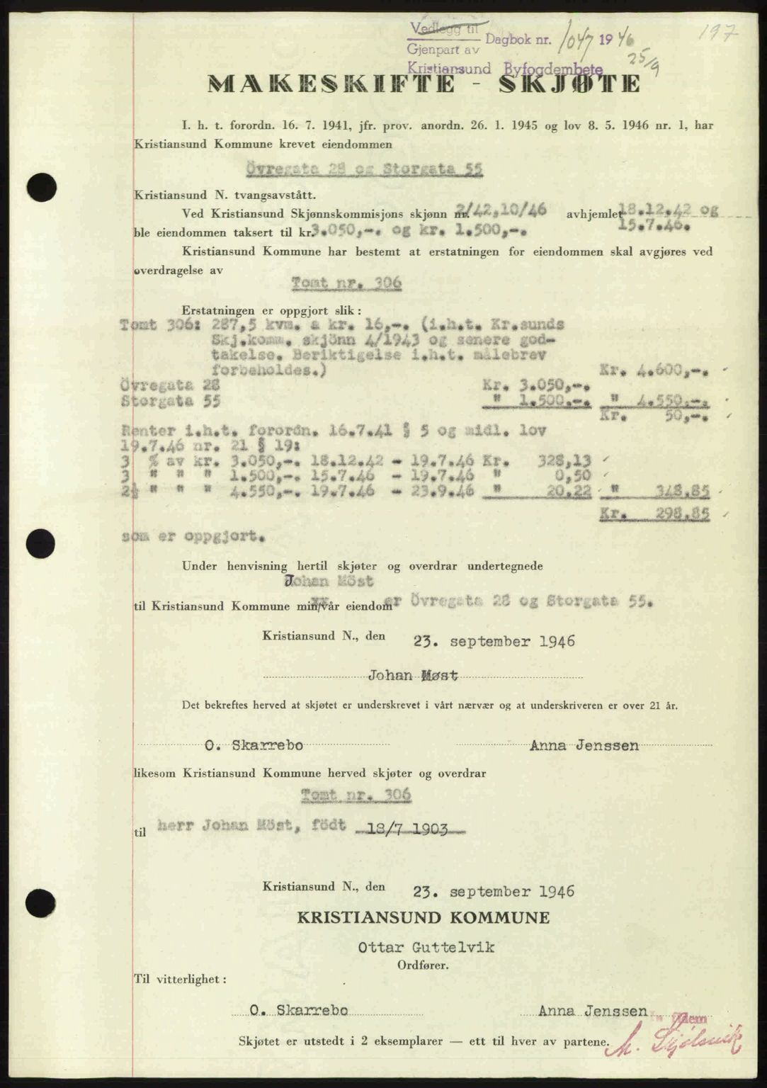 Kristiansund byfogd, AV/SAT-A-4587/A/27: Mortgage book no. 39b, 1946-1947, Diary no: : 1047/1946