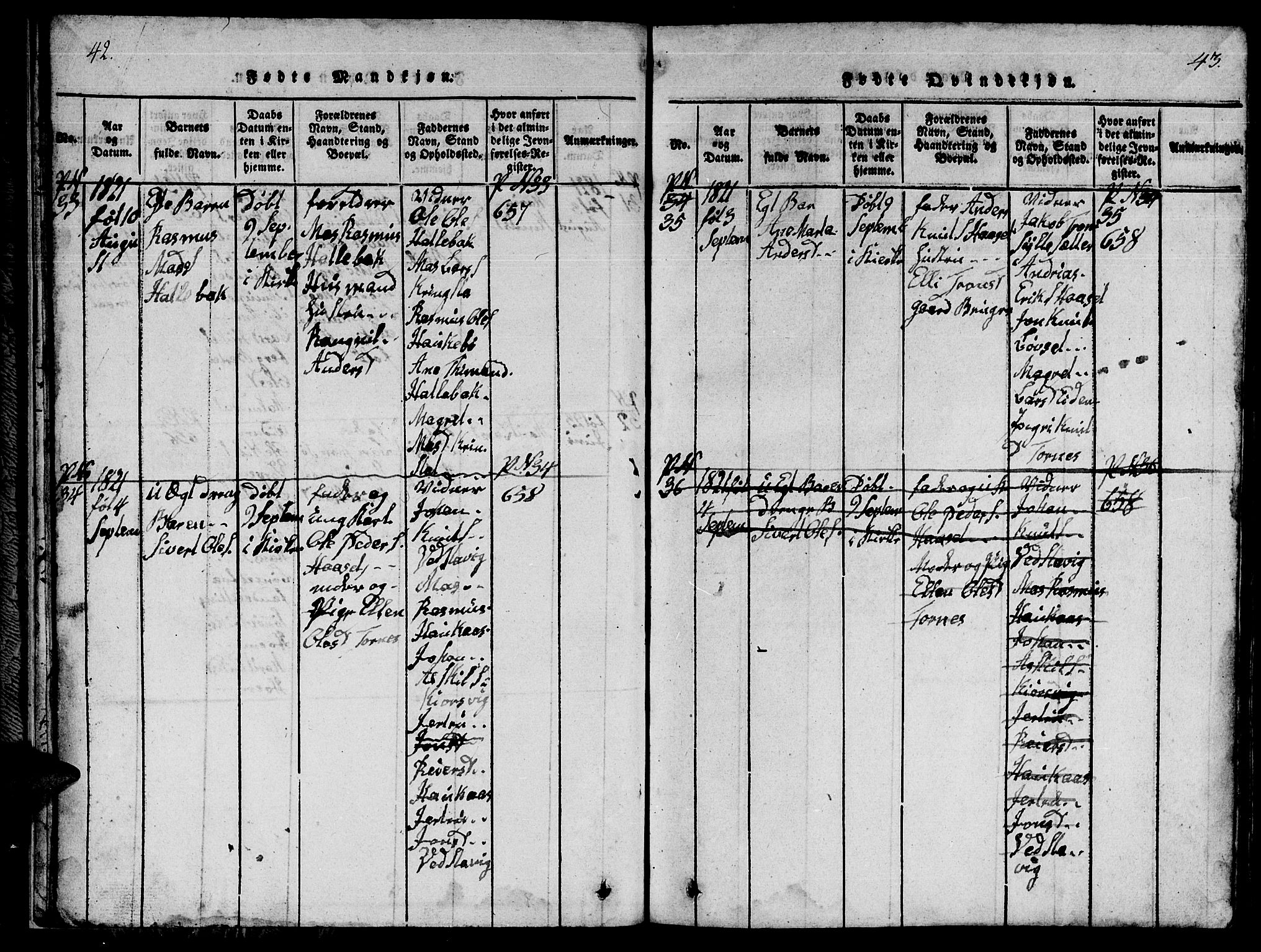 Ministerialprotokoller, klokkerbøker og fødselsregistre - Møre og Romsdal, SAT/A-1454/565/L0752: Parish register (copy) no. 565C01, 1817-1844, p. 42-43