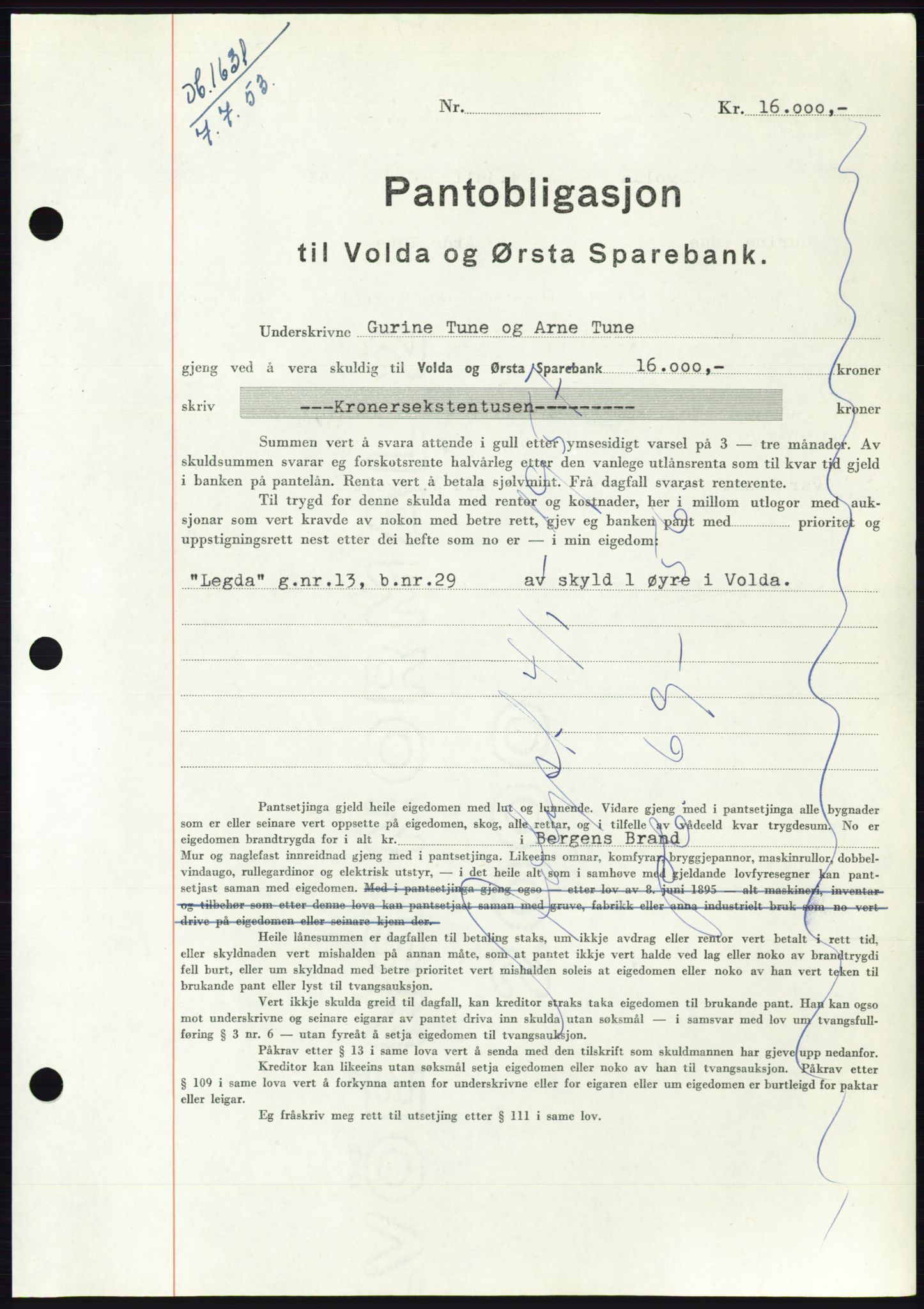 Søre Sunnmøre sorenskriveri, SAT/A-4122/1/2/2C/L0123: Mortgage book no. 11B, 1953-1953, Diary no: : 1631/1953