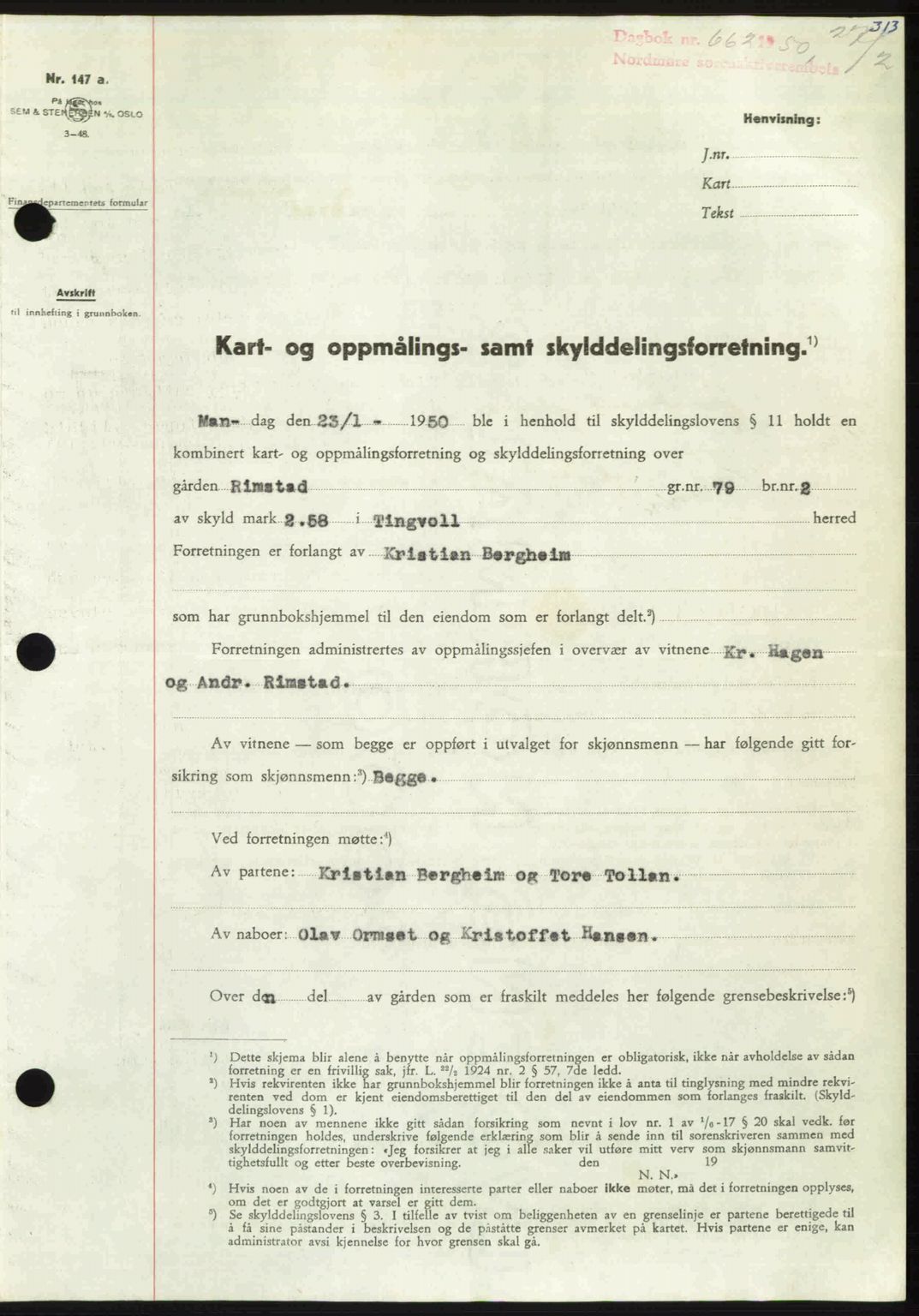 Nordmøre sorenskriveri, AV/SAT-A-4132/1/2/2Ca: Mortgage book no. A114, 1950-1950, Diary no: : 662/1950