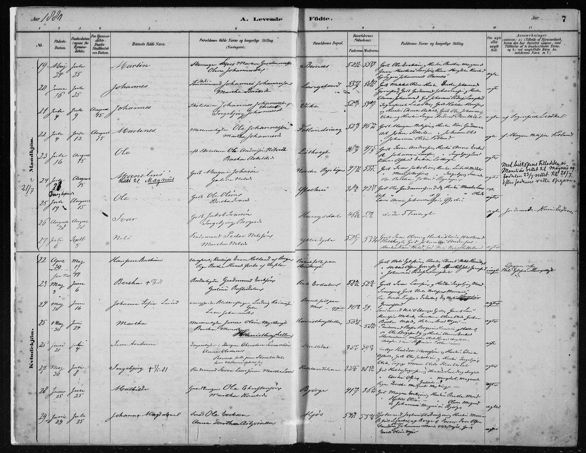 Hosanger sokneprestembete, AV/SAB-A-75801/H/Haa: Parish register (official) no. B  1, 1880-1896, p. 7