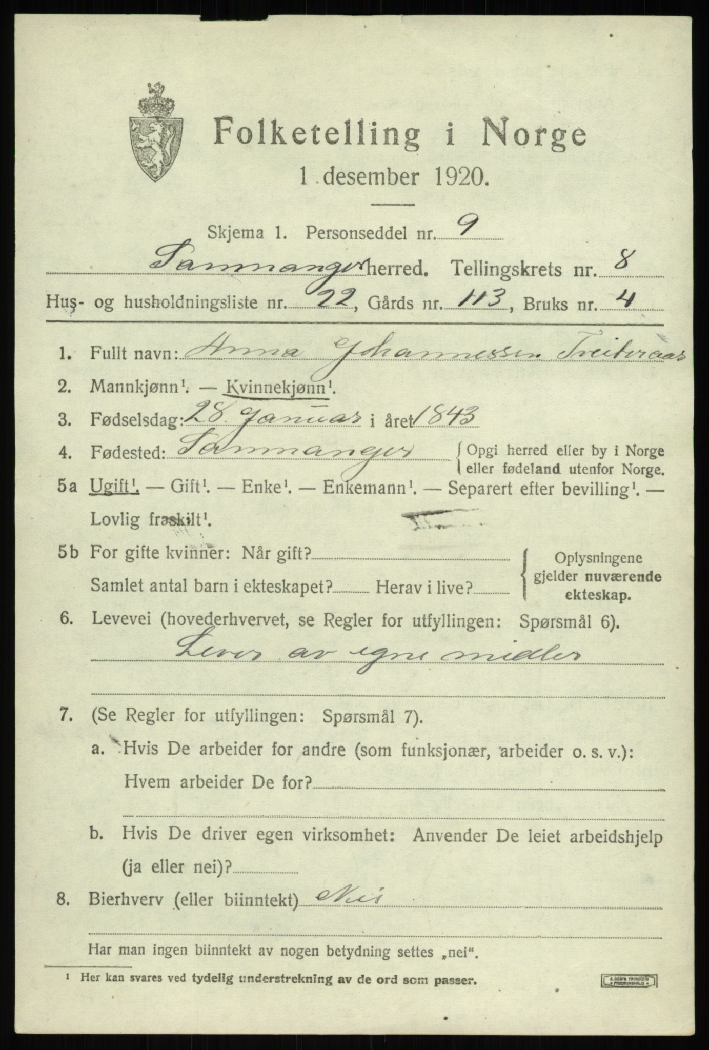 SAB, 1920 census for Samnanger, 1920, p. 3855