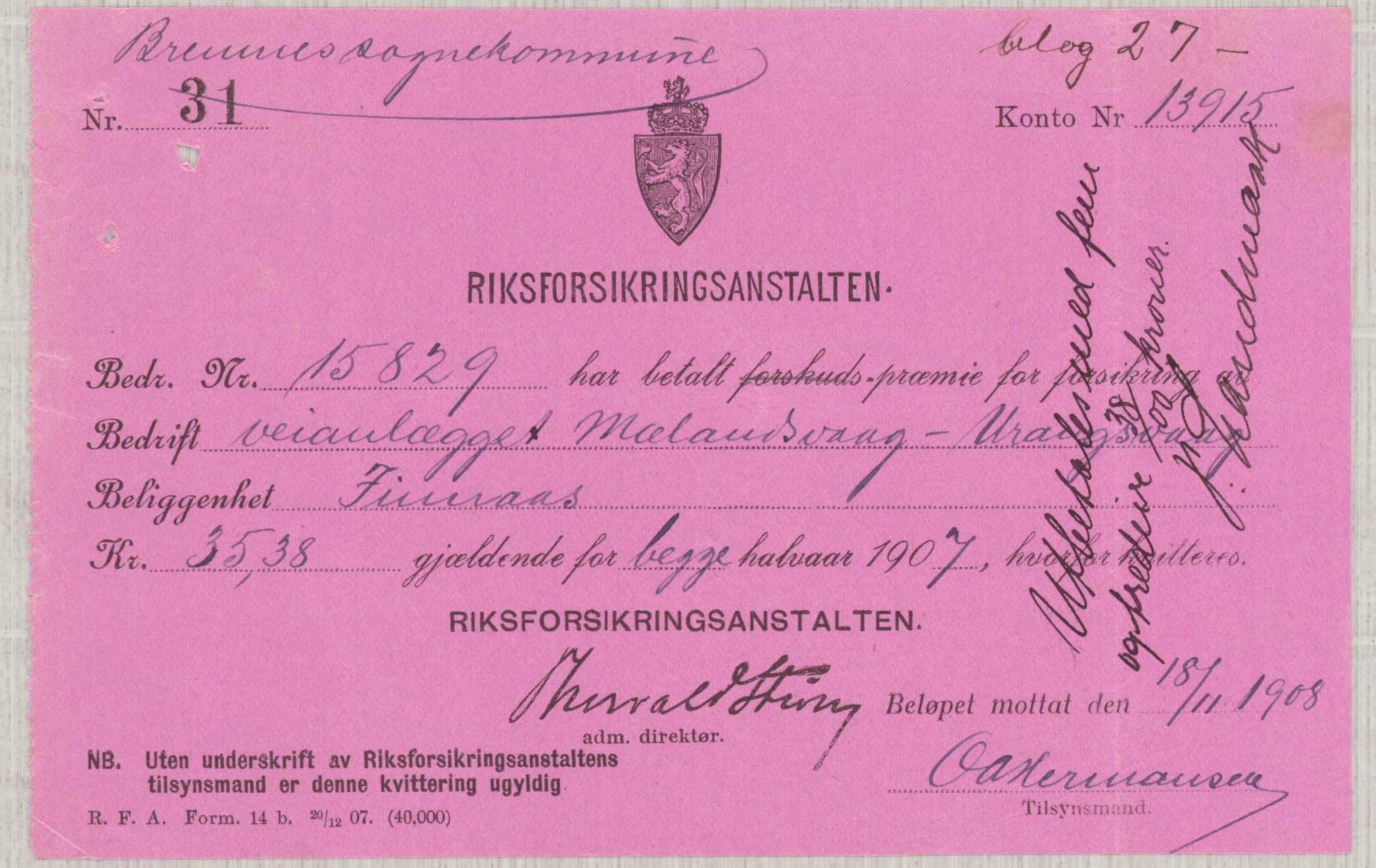 Finnaas kommune. Formannskapet, IKAH/1218a-021/E/Ea/L0002/0005: Rekneskap for veganlegg / Rekneskap for veganlegget Urangsvåg - Mælandsvåg, 1907-1909, p. 63