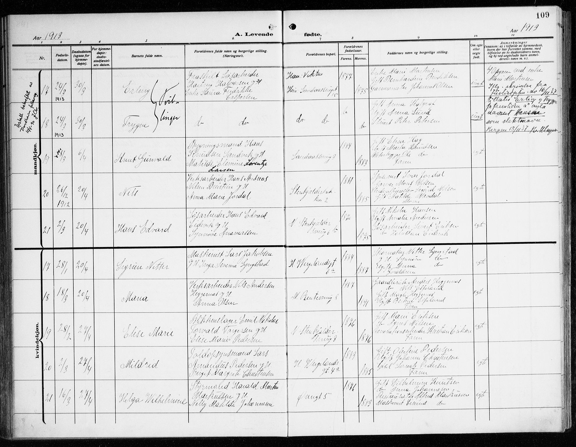 Korskirken sokneprestembete, AV/SAB-A-76101/H/Haa: Parish register (official) no. B 10, 1909-1923, p. 109