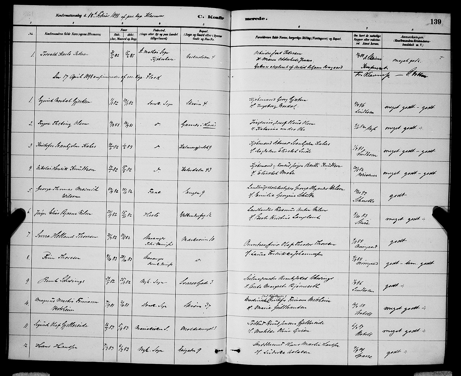 Domkirken sokneprestembete, SAB/A-74801/H/Hab/L0024: Parish register (copy) no. C 4, 1880-1899, p. 139