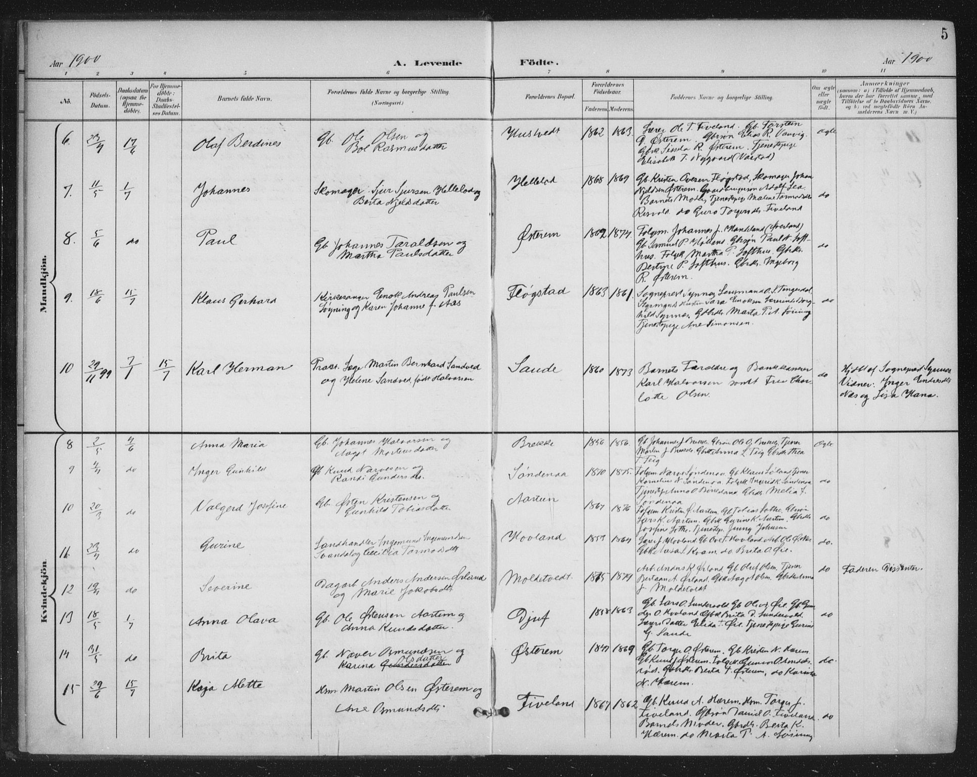 Sand sokneprestkontor, AV/SAST-A-101848/03/C/L0001: Parish register (official) no. A 7, 1899-1928, p. 5