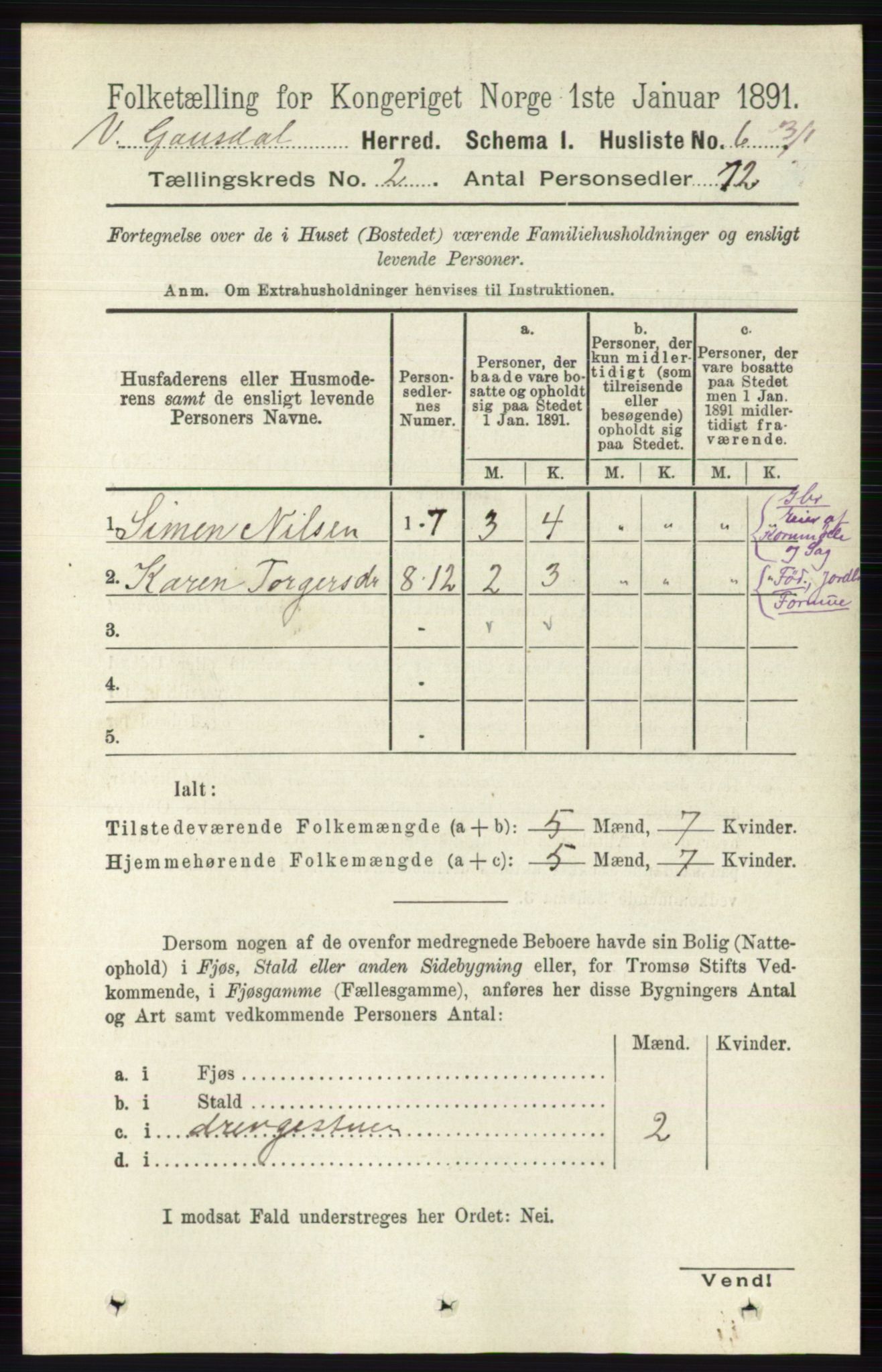 RA, 1891 census for 0523 Vestre Gausdal, 1891, p. 390