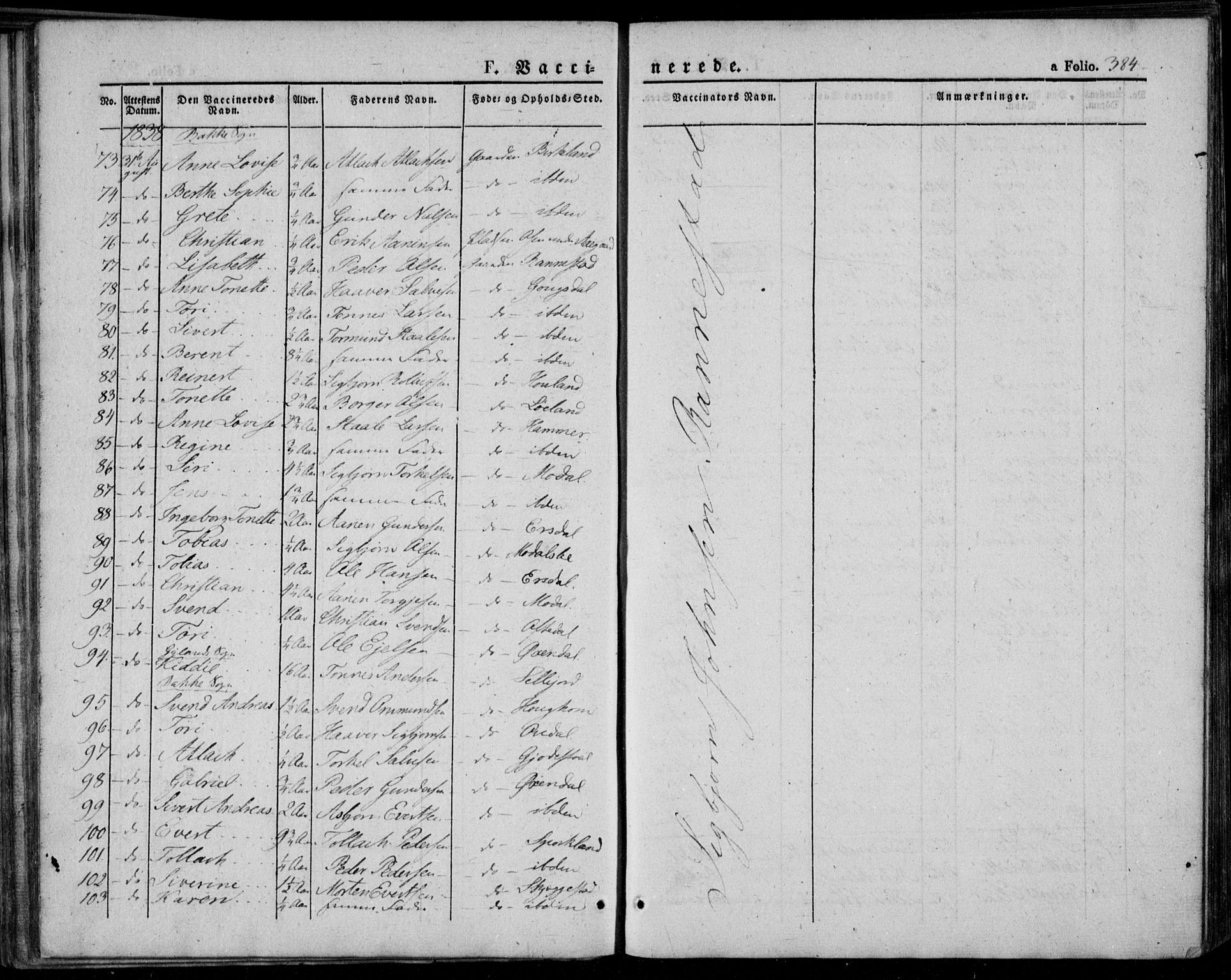 Bakke sokneprestkontor, SAK/1111-0002/F/Fa/Faa/L0004: Parish register (official) no. A 4, 1834-1846, p. 384