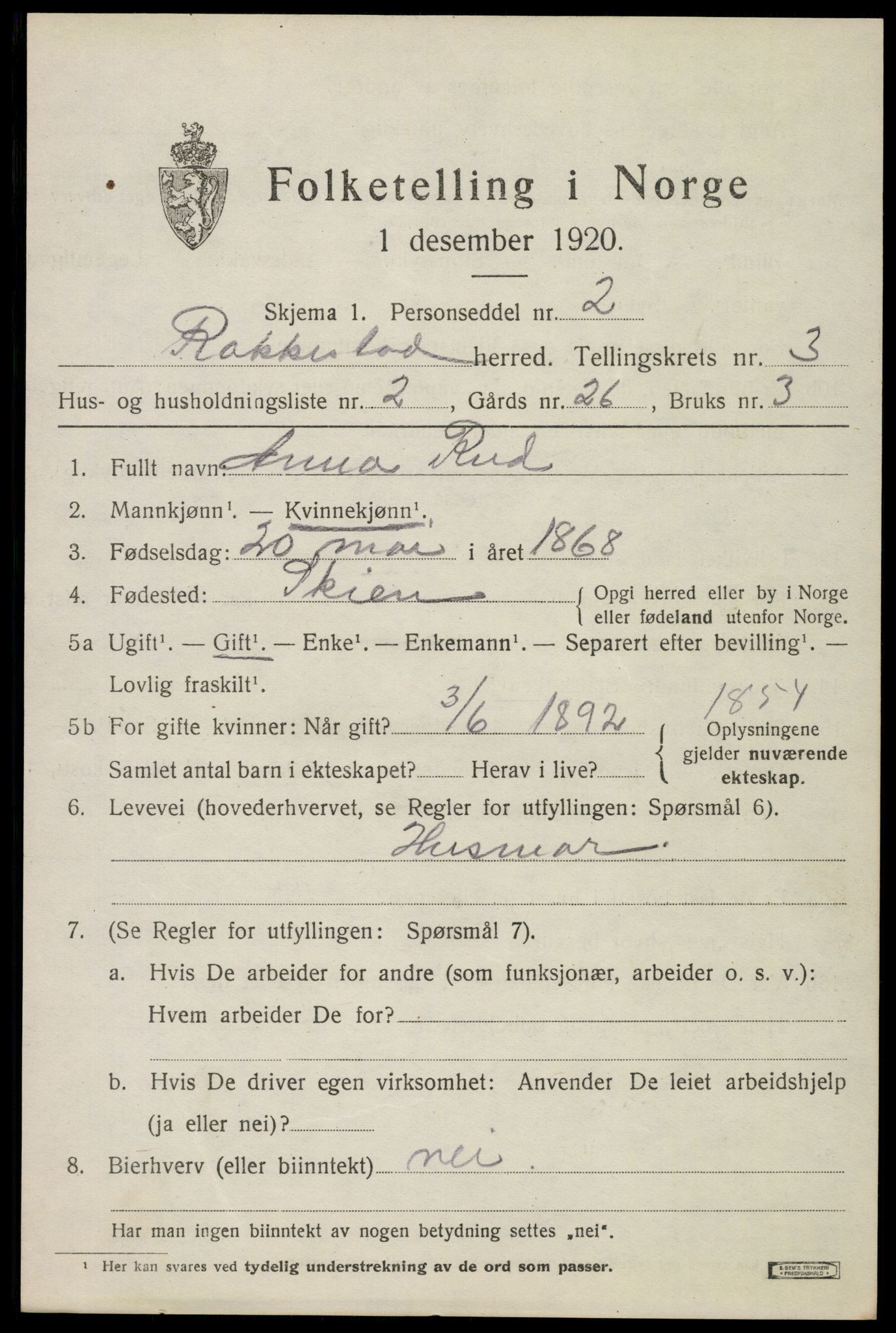 SAO, 1920 census for Rakkestad, 1920, p. 4447