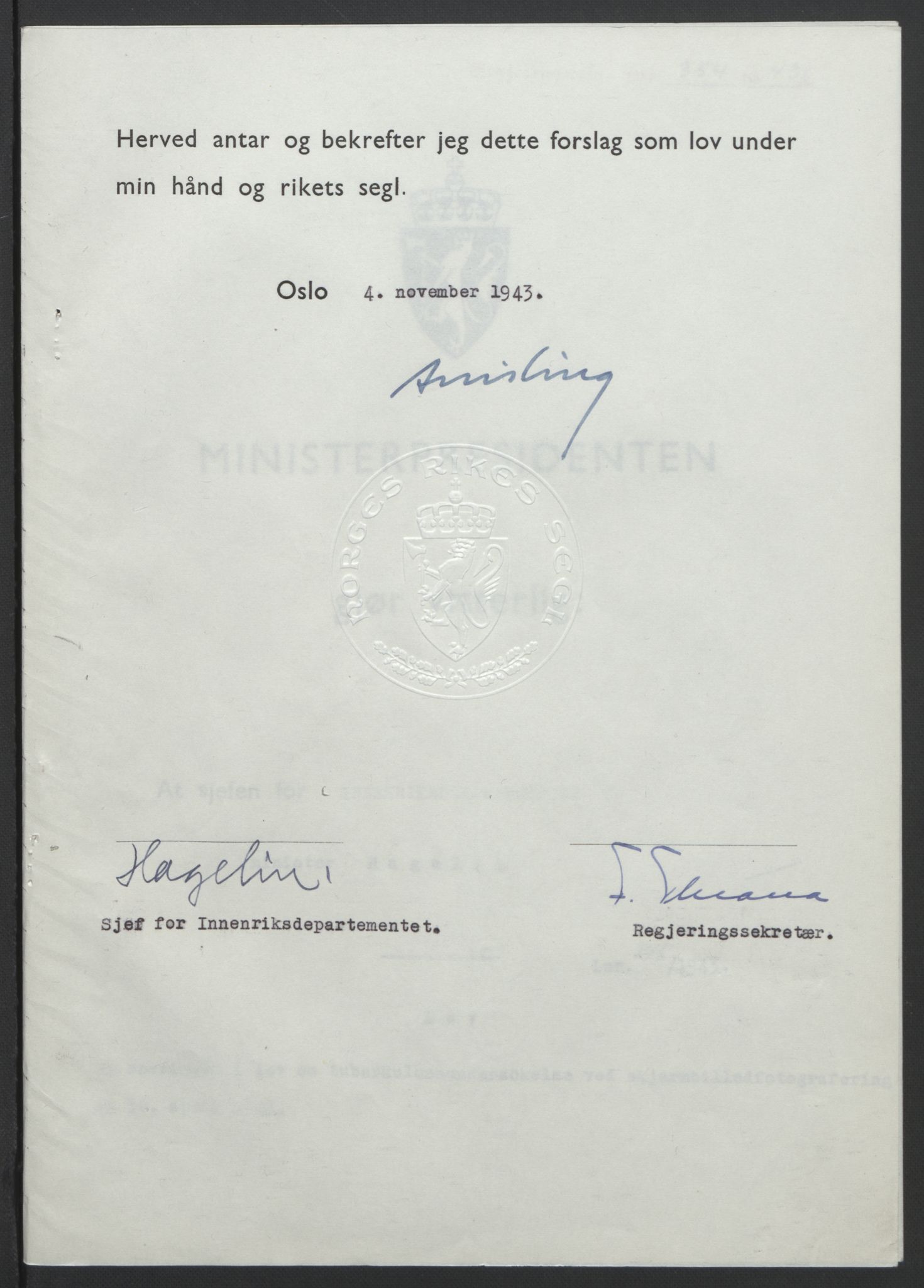 NS-administrasjonen 1940-1945 (Statsrådsekretariatet, de kommisariske statsråder mm), RA/S-4279/D/Db/L0099: Lover, 1943, p. 679