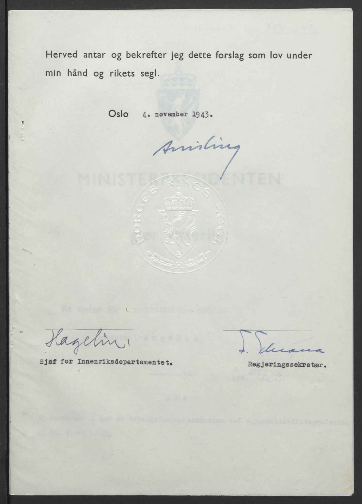 NS-administrasjonen 1940-1945 (Statsrådsekretariatet, de kommisariske statsråder mm), AV/RA-S-4279/D/Db/L0099: Lover, 1943, p. 679