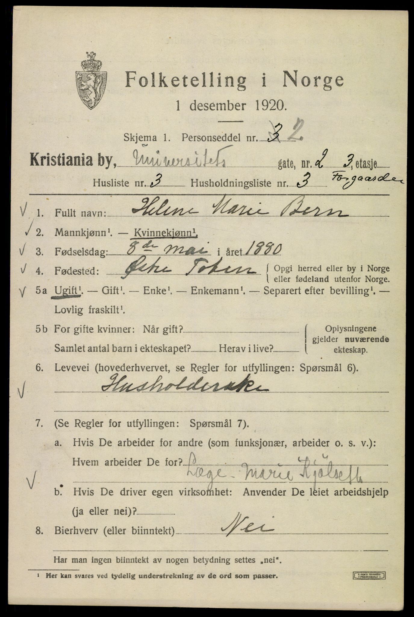 SAO, 1920 census for Kristiania, 1920, p. 618087