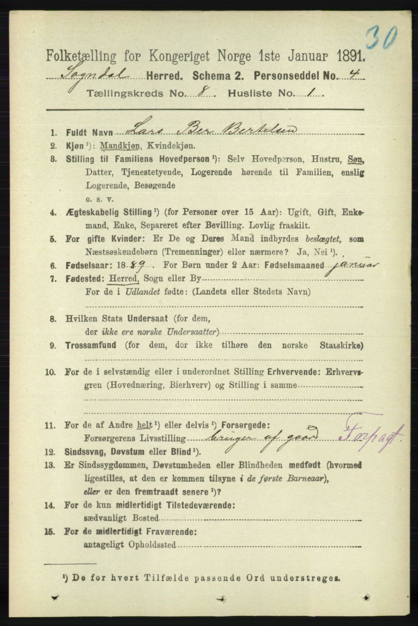 RA, 1891 census for 1111 Sokndal, 1891, p. 2693