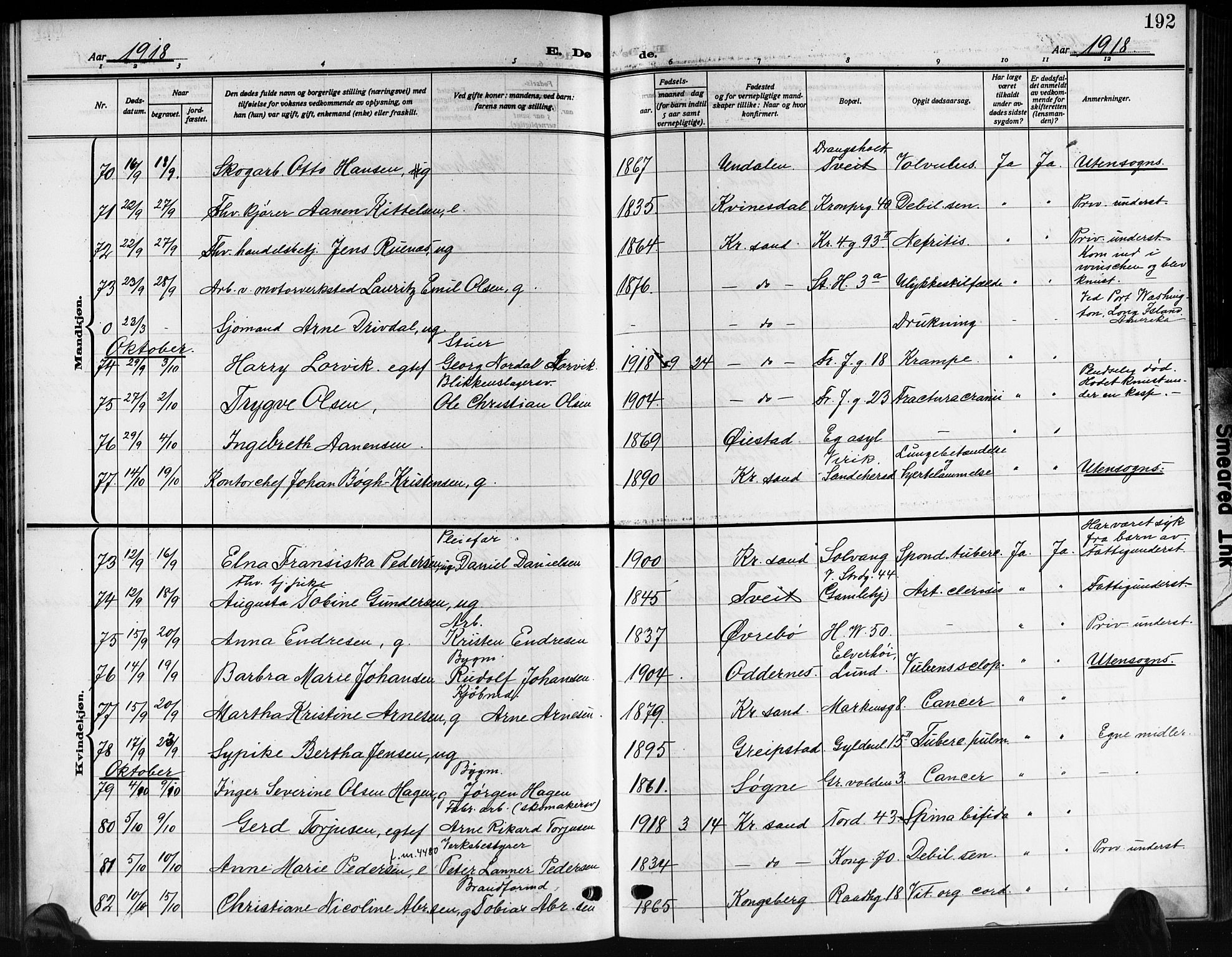 Kristiansand domprosti, SAK/1112-0006/F/Fb/L0022: Parish register (copy) no. B 22, 1915-1925, p. 192