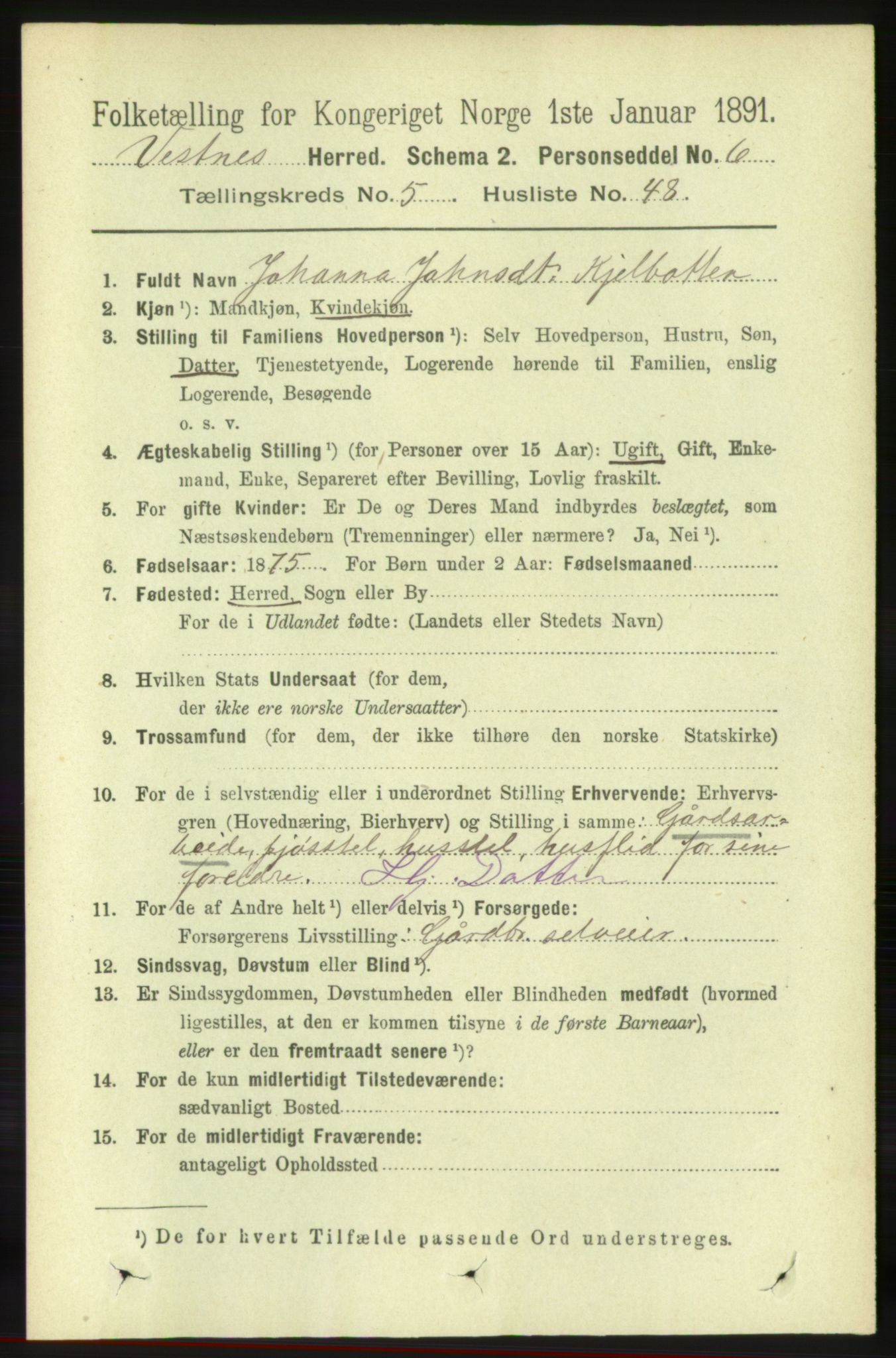 RA, 1891 census for 1535 Vestnes, 1891, p. 2068