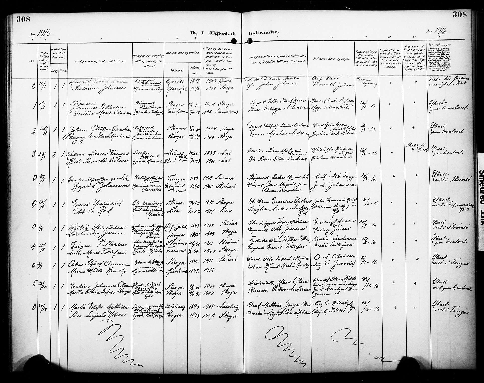 Skoger kirkebøker, AV/SAKO-A-59/G/Ga/L0003: Parish register (copy) no. I 3, 1900-1927, p. 308