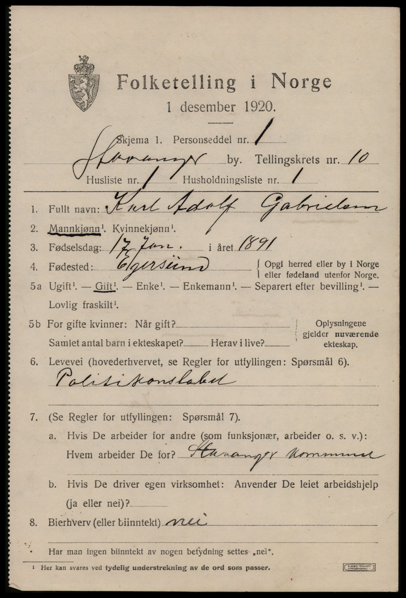 SAST, 1920 census for Stavanger, 1920, p. 51538