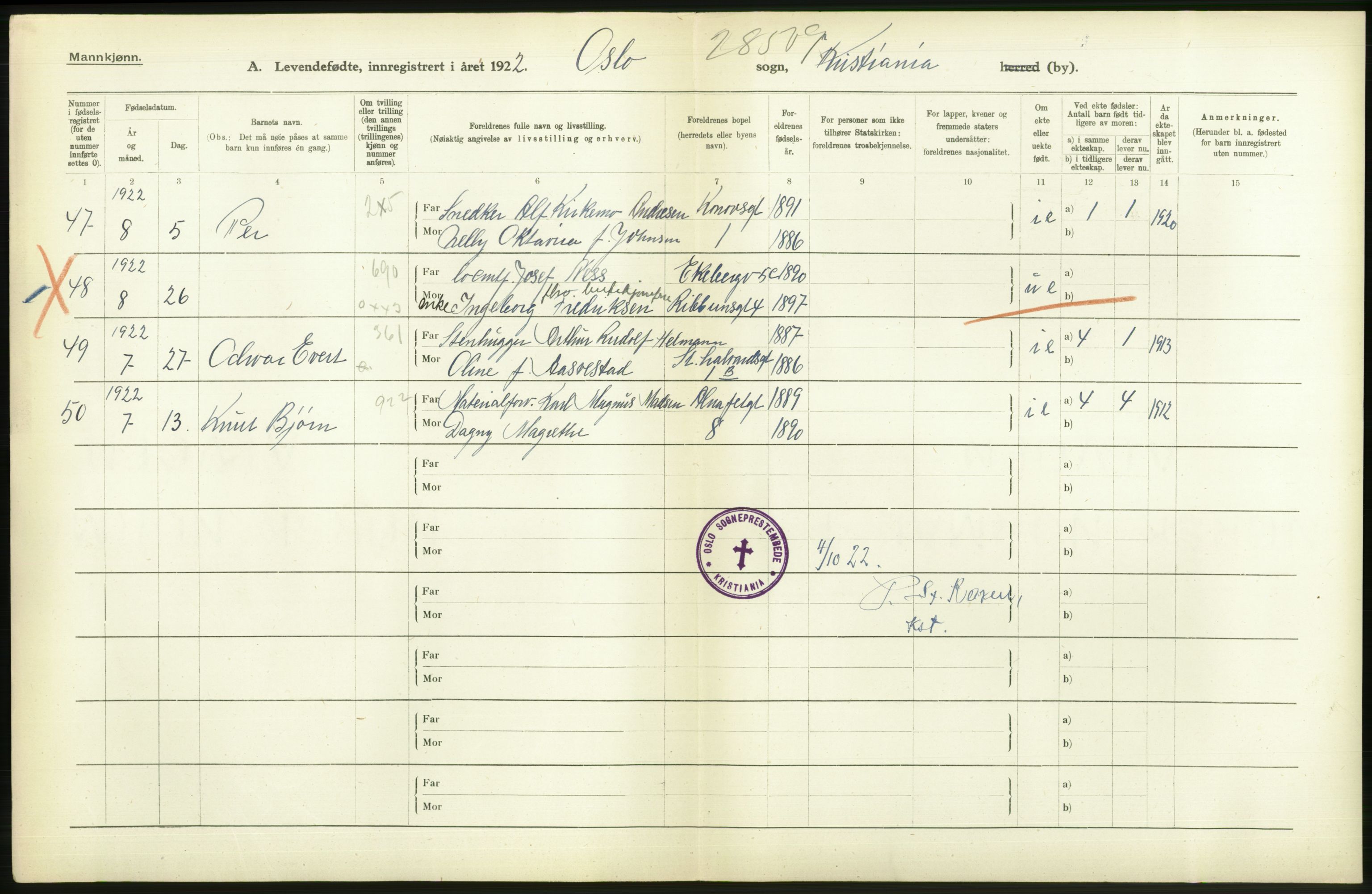 Statistisk sentralbyrå, Sosiodemografiske emner, Befolkning, AV/RA-S-2228/D/Df/Dfc/Dfcb/L0007: Kristiania: Levendefødte menn og kvinner., 1922, p. 18