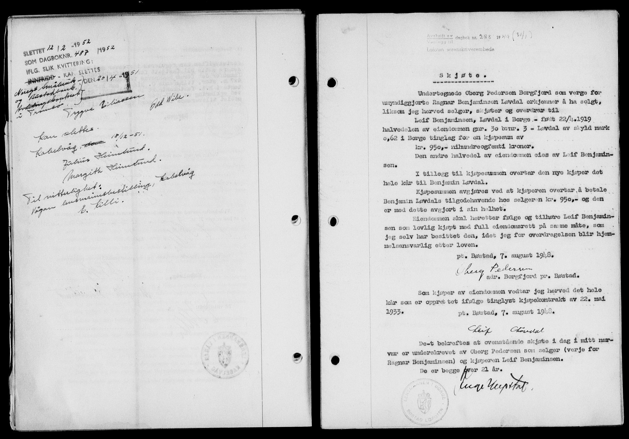Lofoten sorenskriveri, SAT/A-0017/1/2/2C/L0020a: Mortgage book no. 20a, 1948-1949, Diary no: : 288/1949
