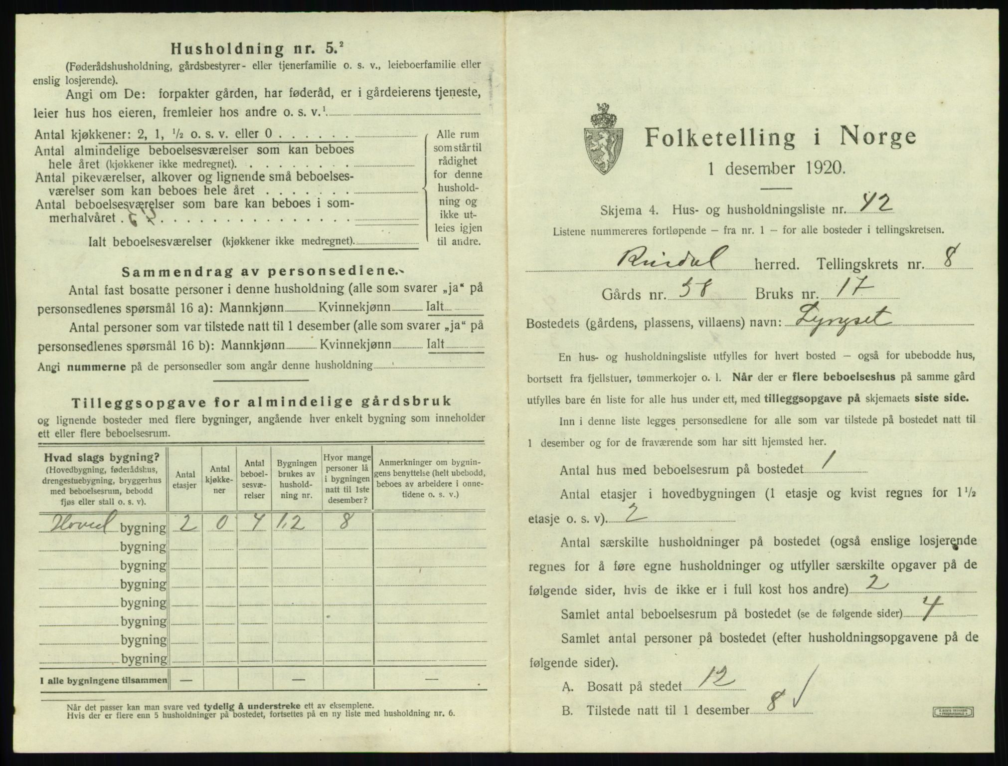 SAT, 1920 census for Rindal, 1920, p. 618