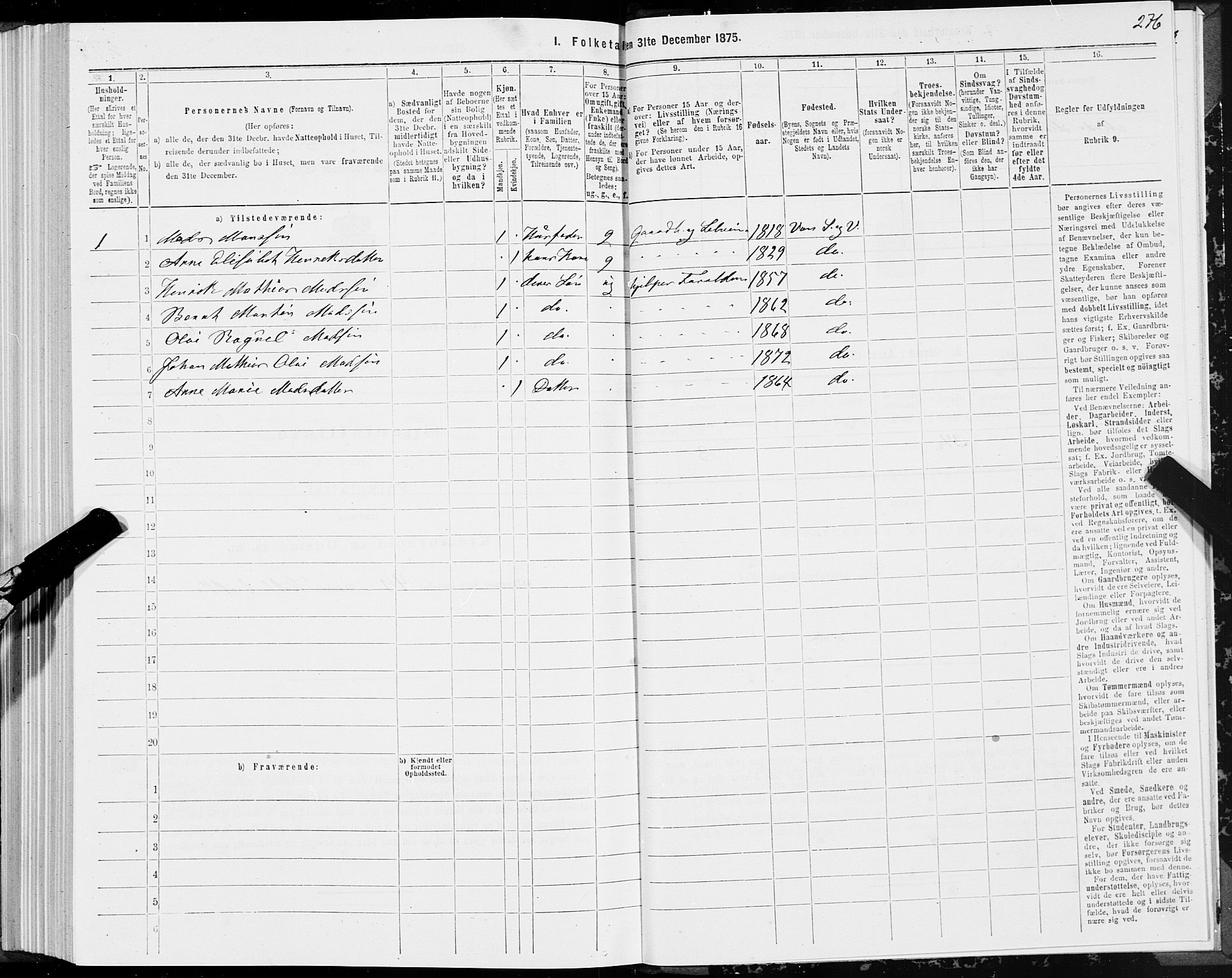 SAT, 1875 census for 1511P Vanylven, 1875, p. 1276