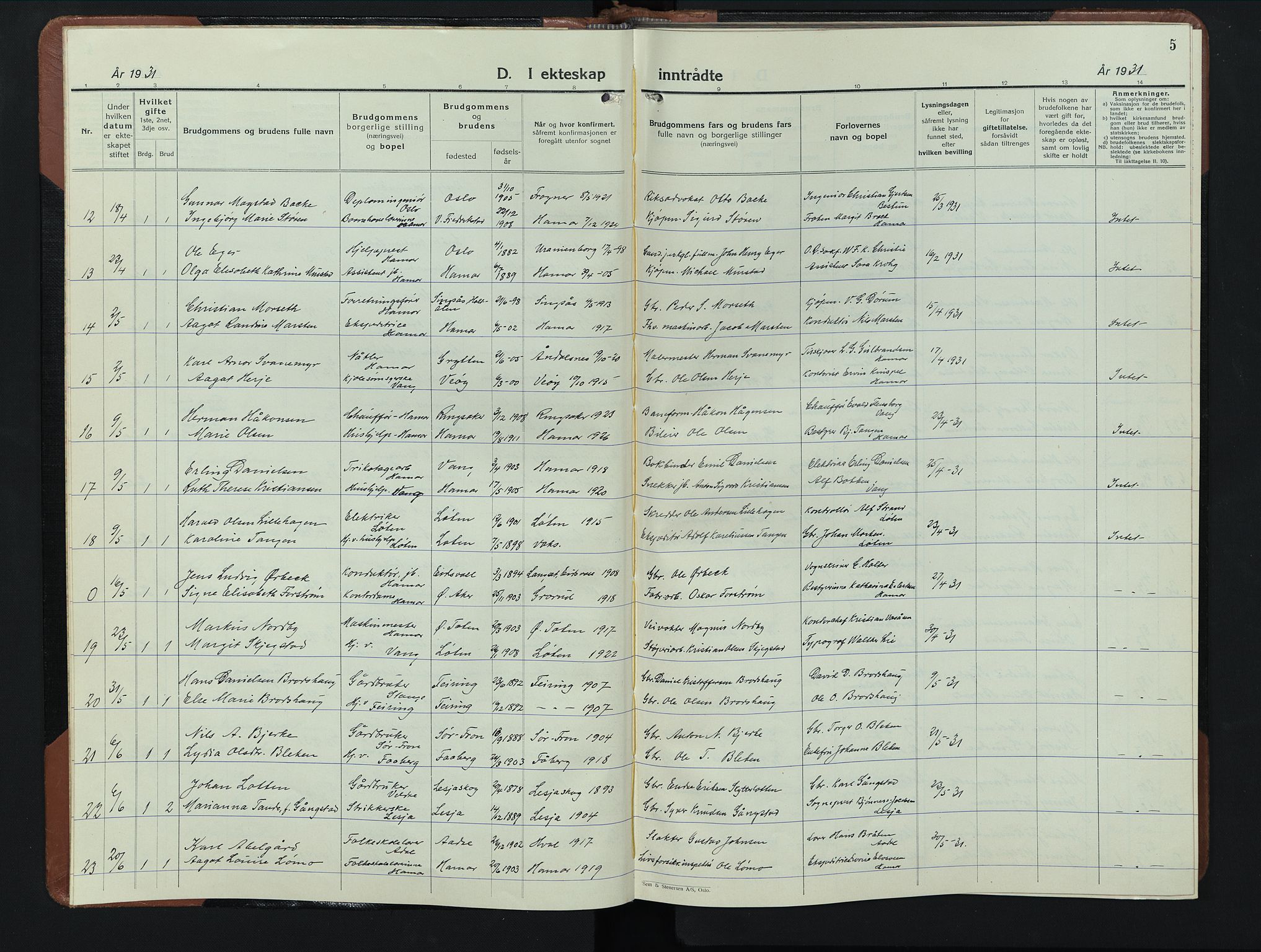 Hamar prestekontor, AV/SAH-DOMPH-002/H/Ha/Hab/L0006: Parish register (copy) no. 6, 1931-1950, p. 5