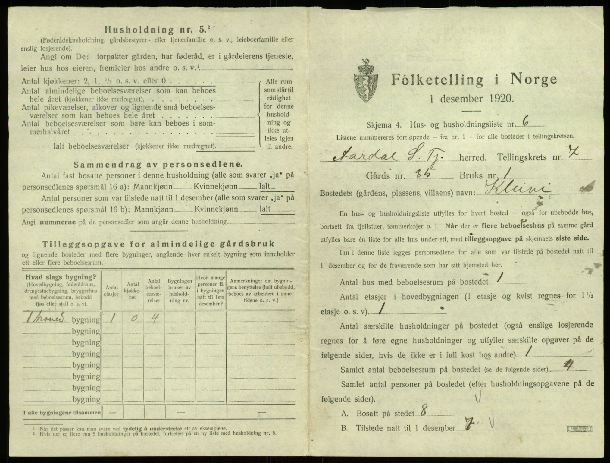 SAB, 1920 census for Årdal, 1920, p. 454