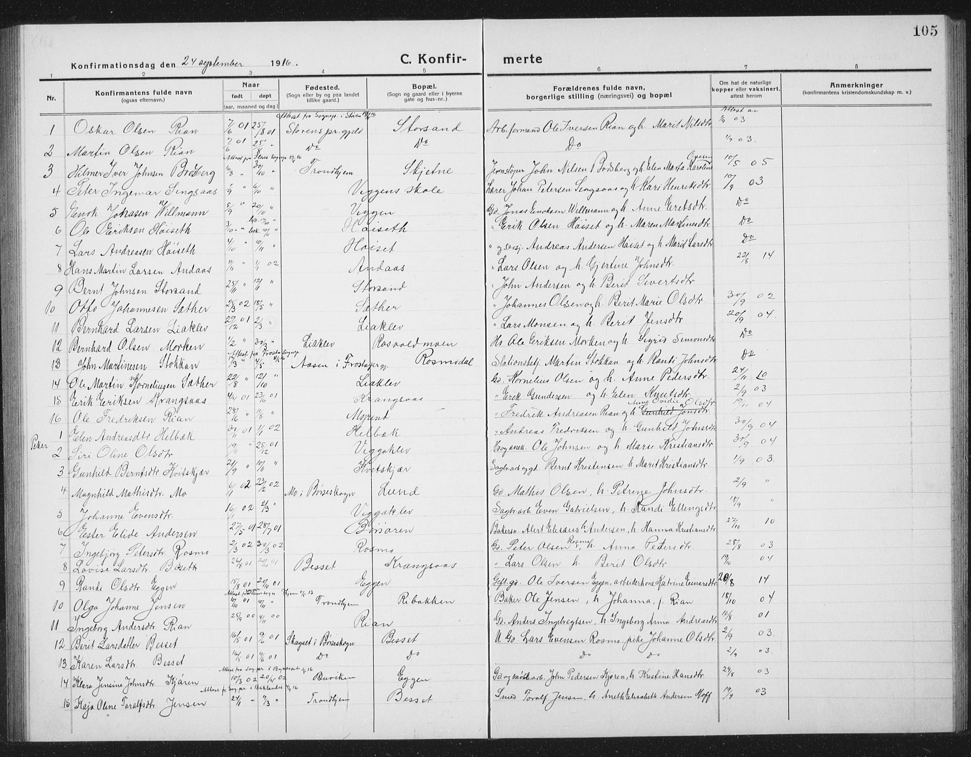 Ministerialprotokoller, klokkerbøker og fødselsregistre - Sør-Trøndelag, SAT/A-1456/665/L0778: Parish register (copy) no. 665C03, 1916-1938, p. 105