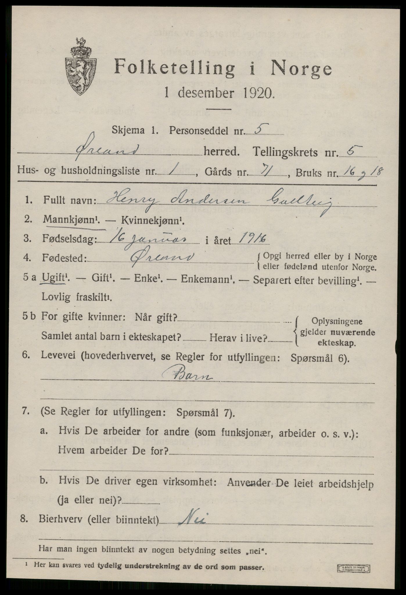 SAT, 1920 census for Ørland, 1920, p. 4491