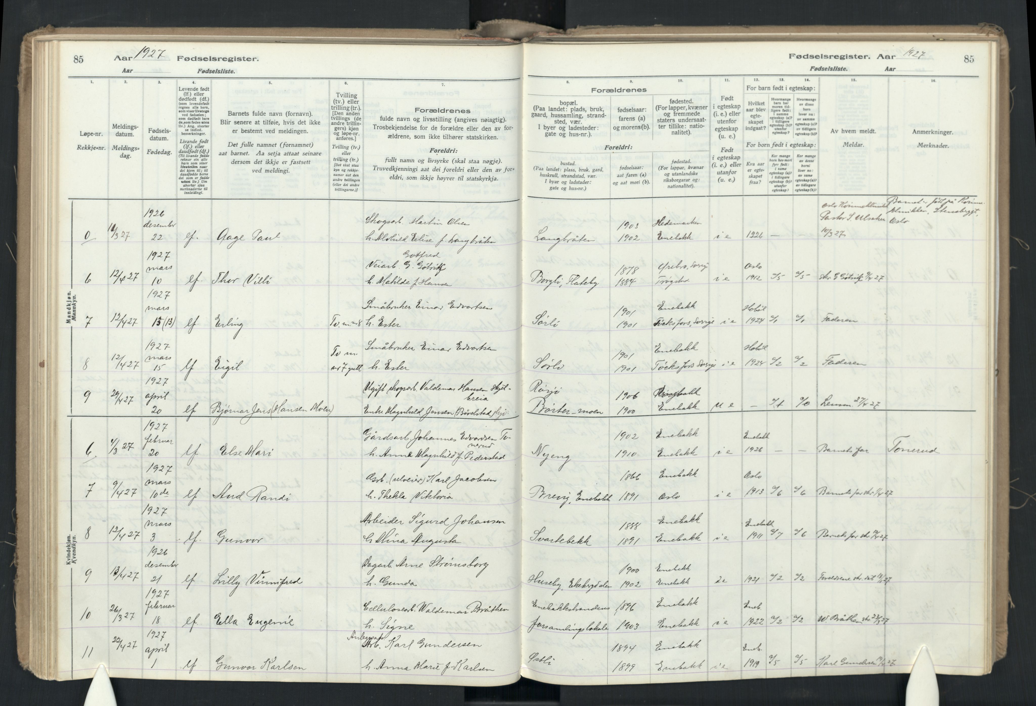 Enebakk prestekontor Kirkebøker, SAO/A-10171c/J/Ja: Birth register no. I 1, 1916-1948, p. 85