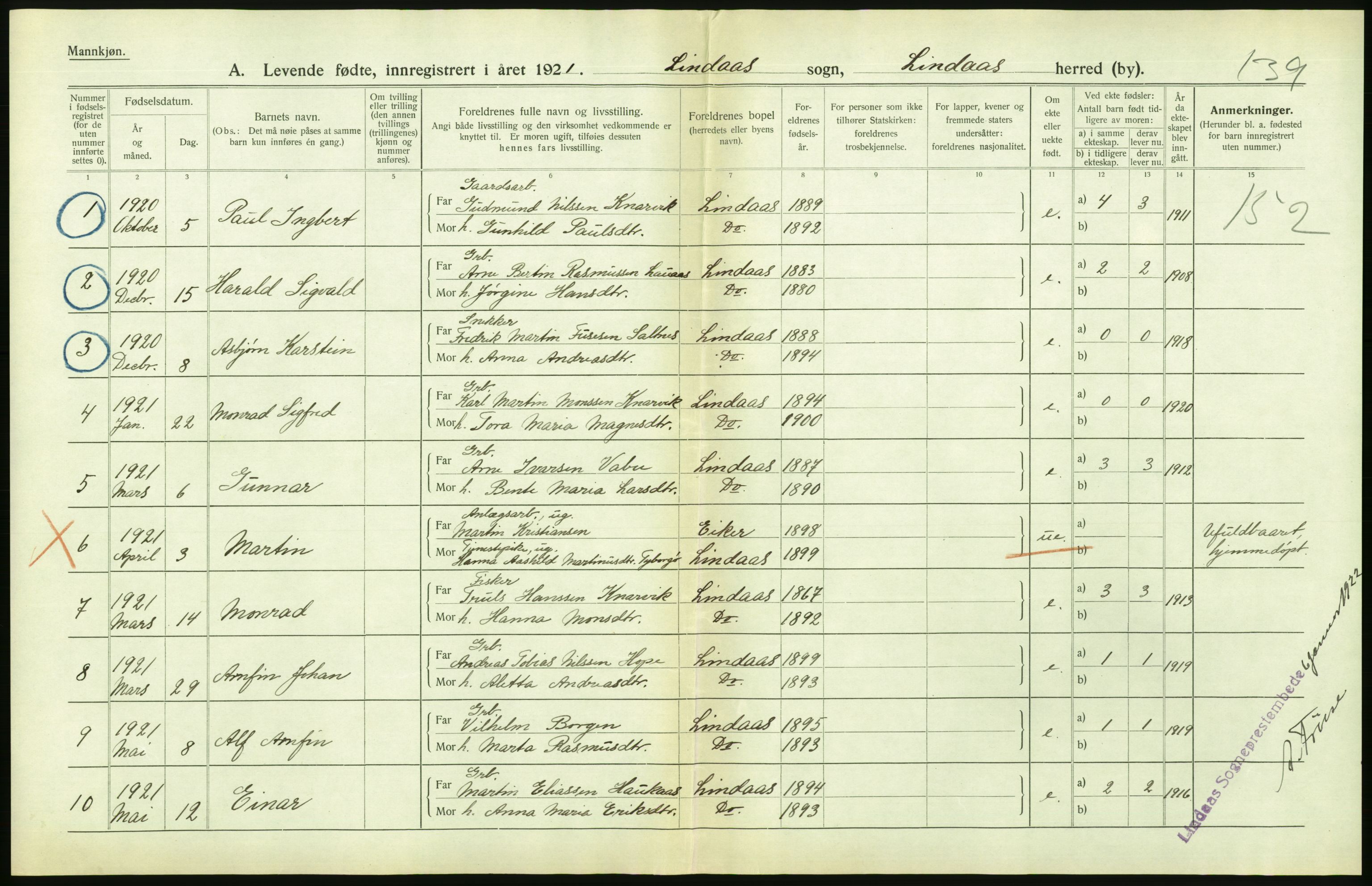 Statistisk sentralbyrå, Sosiodemografiske emner, Befolkning, AV/RA-S-2228/D/Df/Dfc/Dfca/L0031: Hordaland fylke: Levendefødte menn og kvinner. Bygder., 1921, p. 44