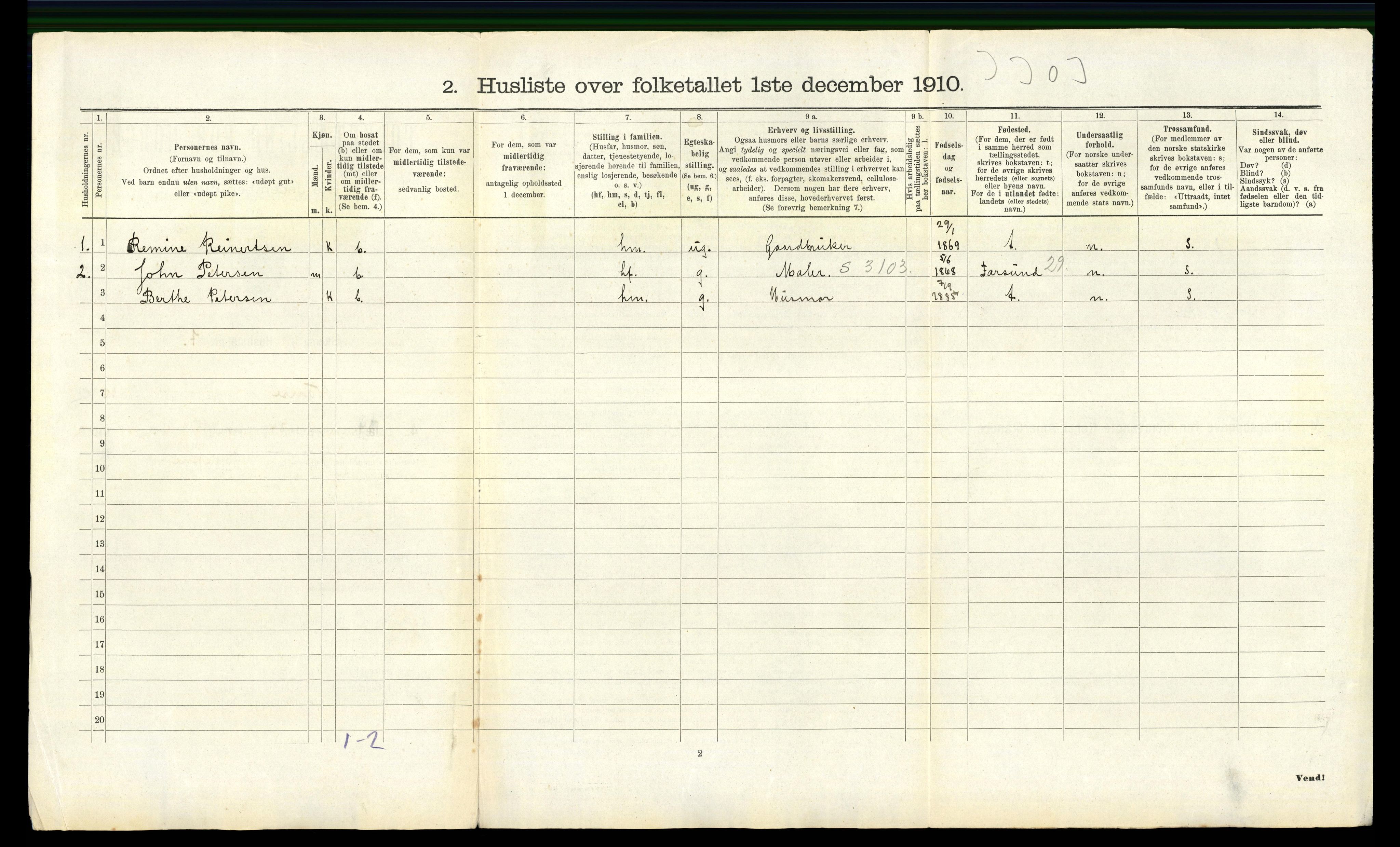 RA, 1910 census for Vanse, 1910, p. 1524