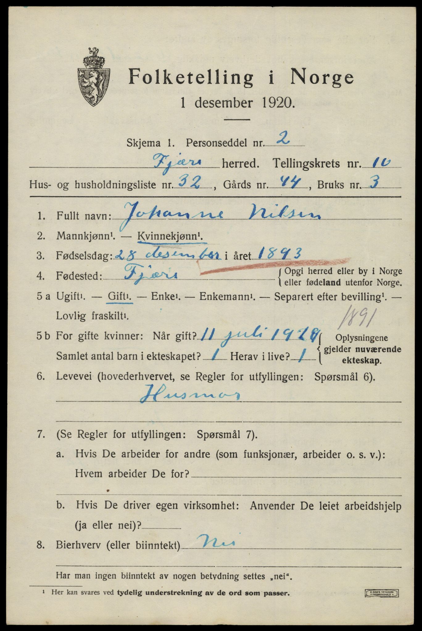 SAK, 1920 census for Fjære, 1920, p. 11721