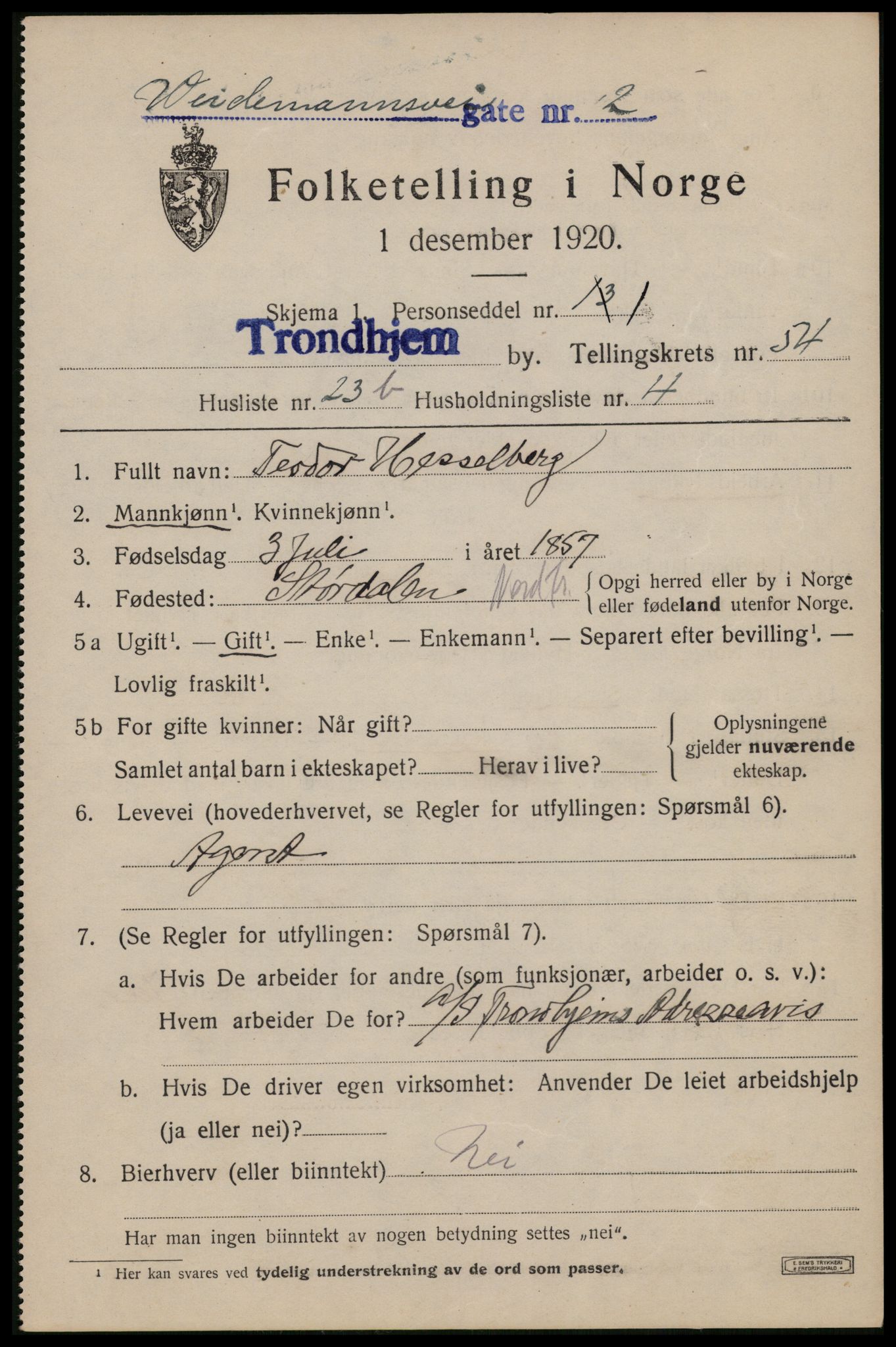 SAT, 1920 census for Trondheim, 1920, p. 108800