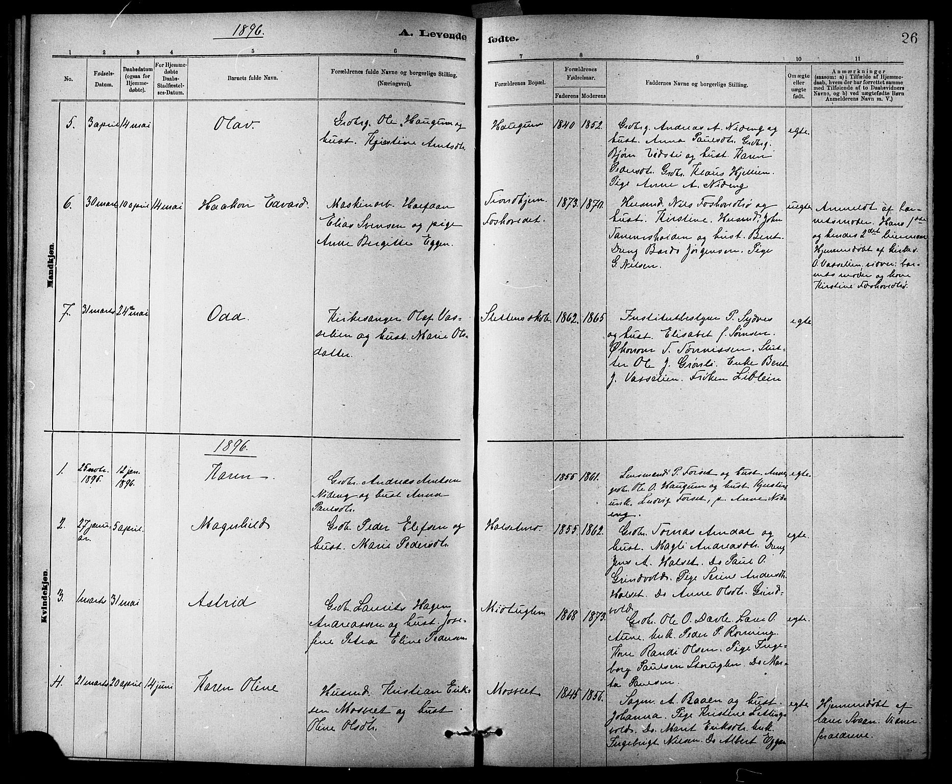 Ministerialprotokoller, klokkerbøker og fødselsregistre - Sør-Trøndelag, SAT/A-1456/618/L0452: Parish register (copy) no. 618C03, 1884-1906, p. 26