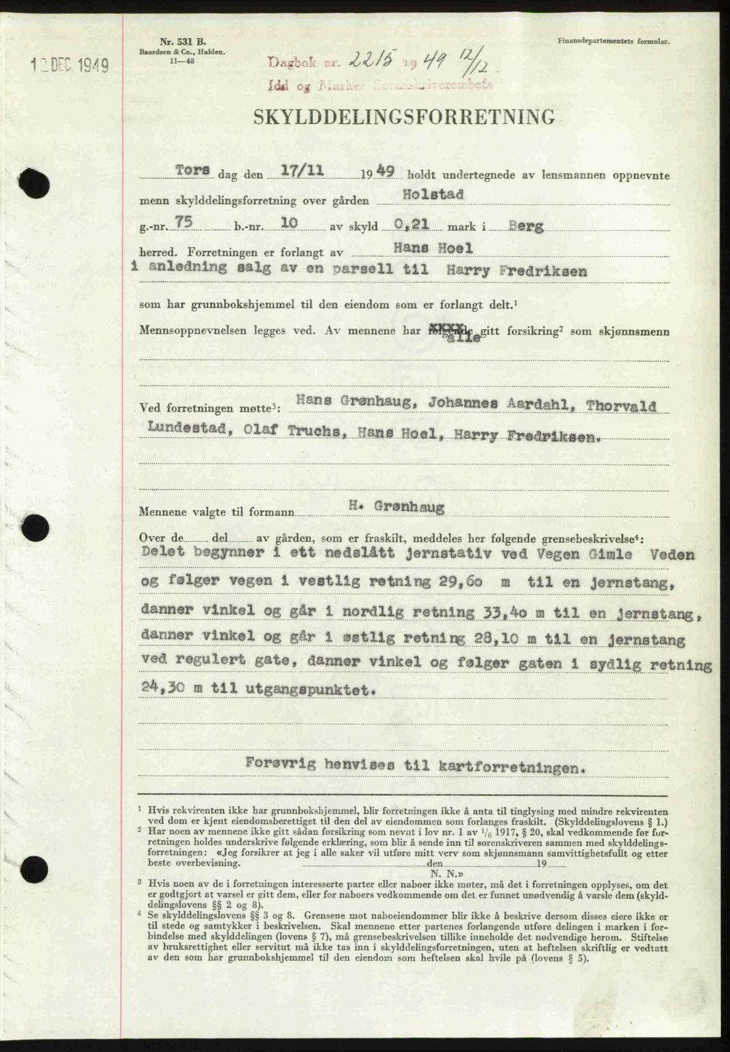 Idd og Marker sorenskriveri, AV/SAO-A-10283/G/Gb/Gbb/L0013: Mortgage book no. A13, 1949-1950, Diary no: : 2215/1949