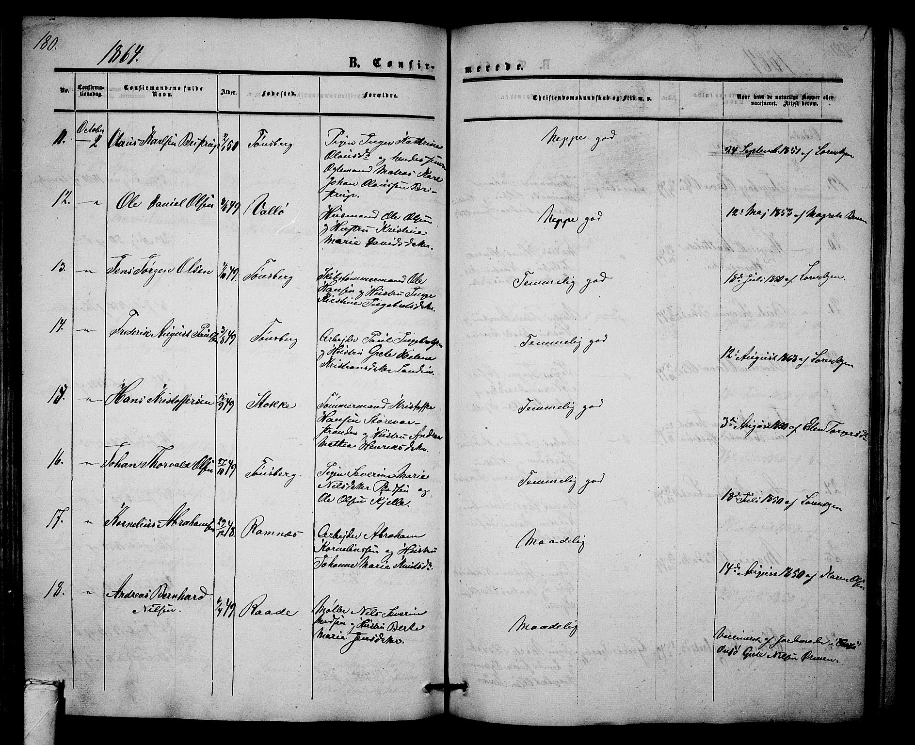 Tønsberg kirkebøker, AV/SAKO-A-330/G/Ga/L0003: Parish register (copy) no. 3, 1855-1864, p. 180