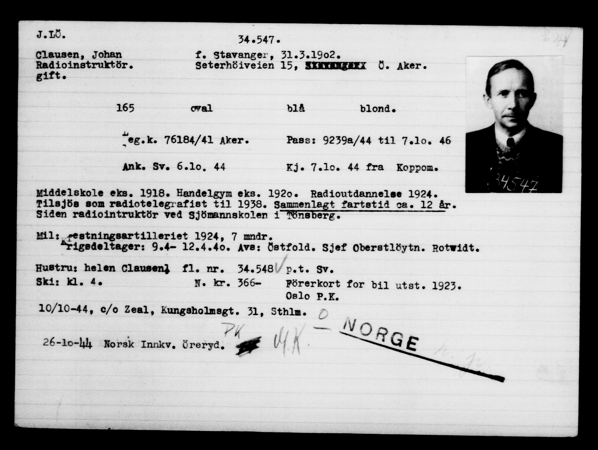 Utenriksstasjonene, Legasjonen i Stockholm, Flyktningkontoret, AV/RA-S-6753/V/Va/L0013: Kjesäterkartoteket, flyktninger med registreringsnr. 31500-34731, 1940-1945, p. 3210