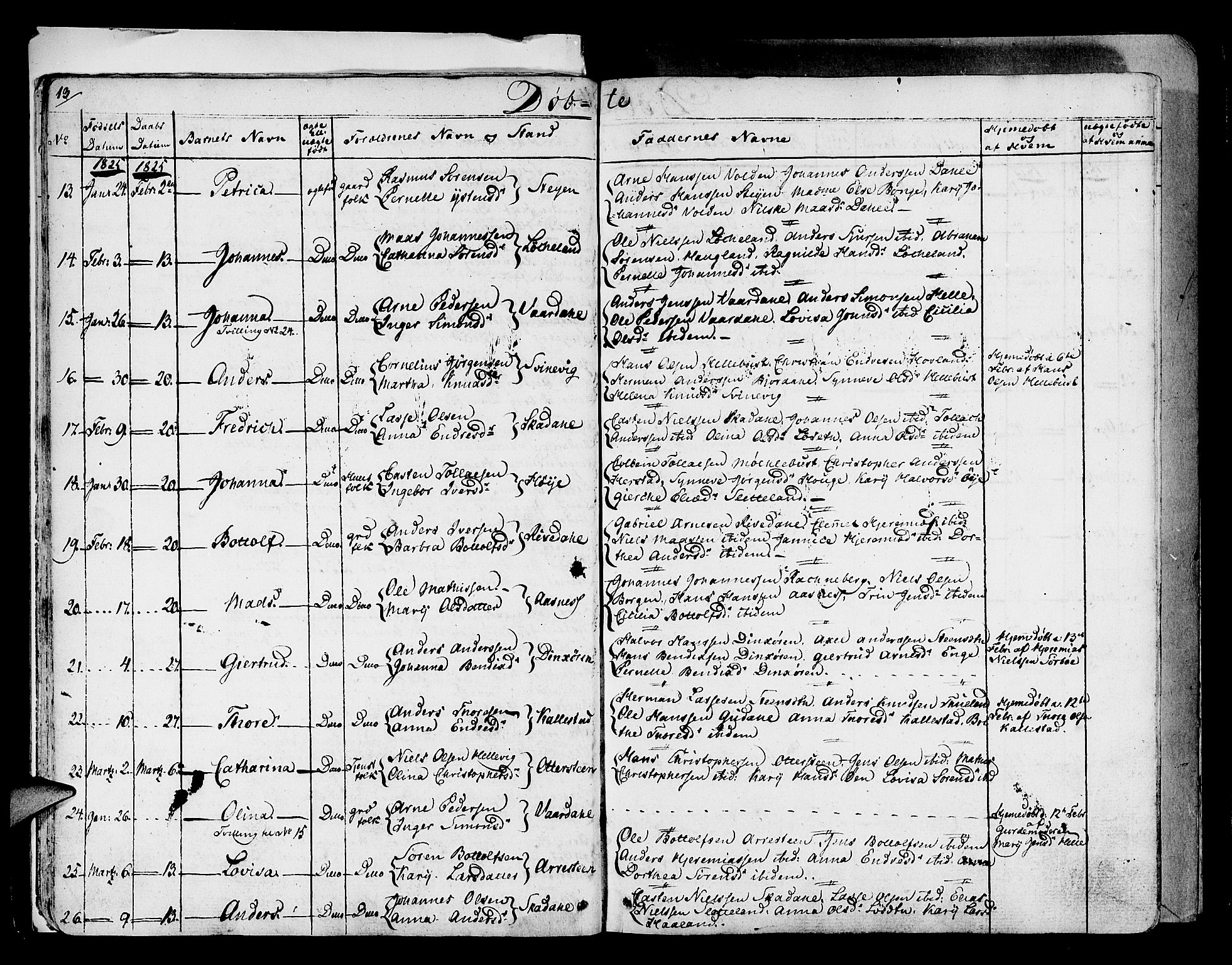 Fjaler sokneprestembete, AV/SAB-A-79801/H/Haa/Haaa/L0005: Parish register (official) no. A 5, 1821-1835, p. 13