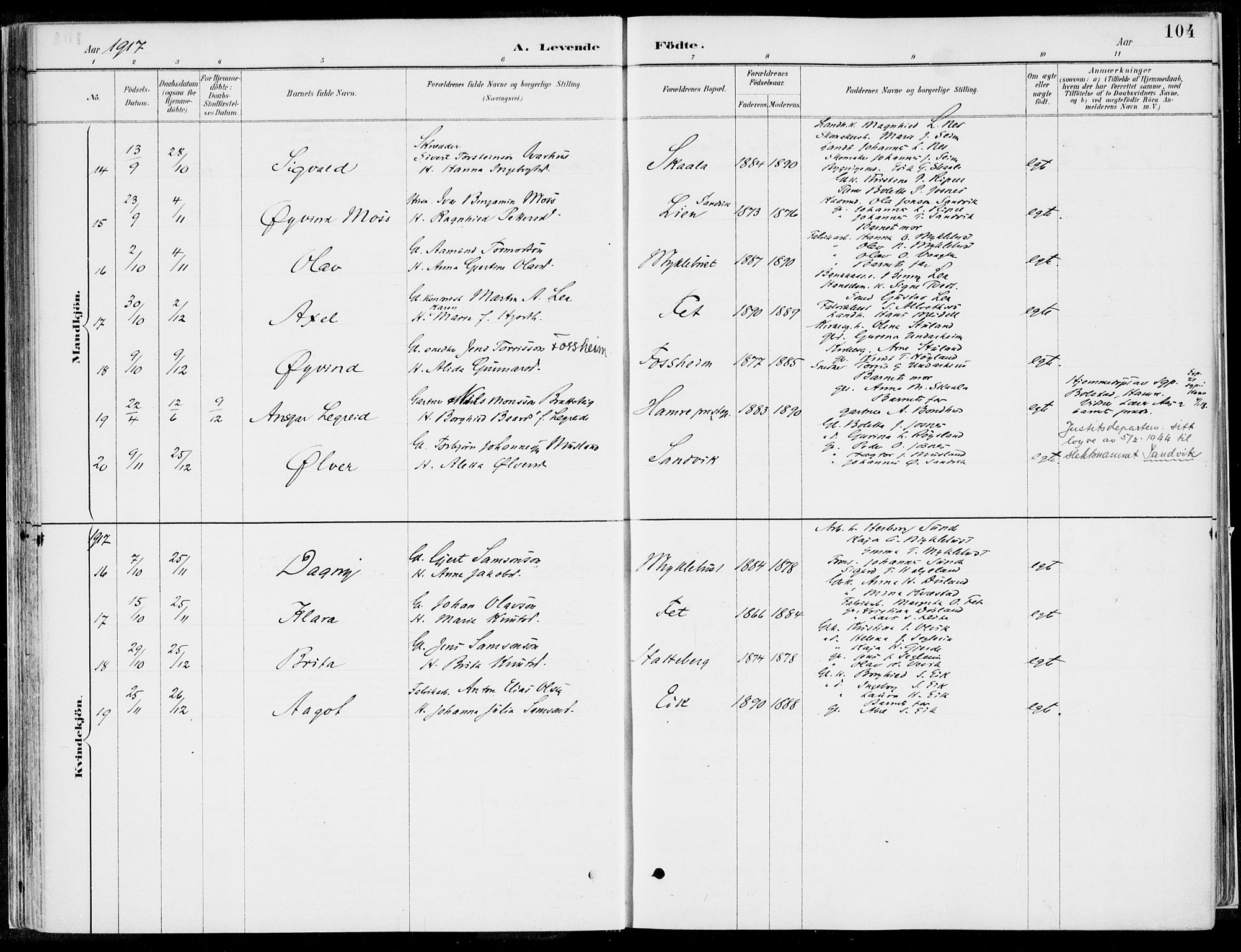 Kvinnherad sokneprestembete, SAB/A-76401/H/Haa: Parish register (official) no. B  1, 1887-1921, p. 104