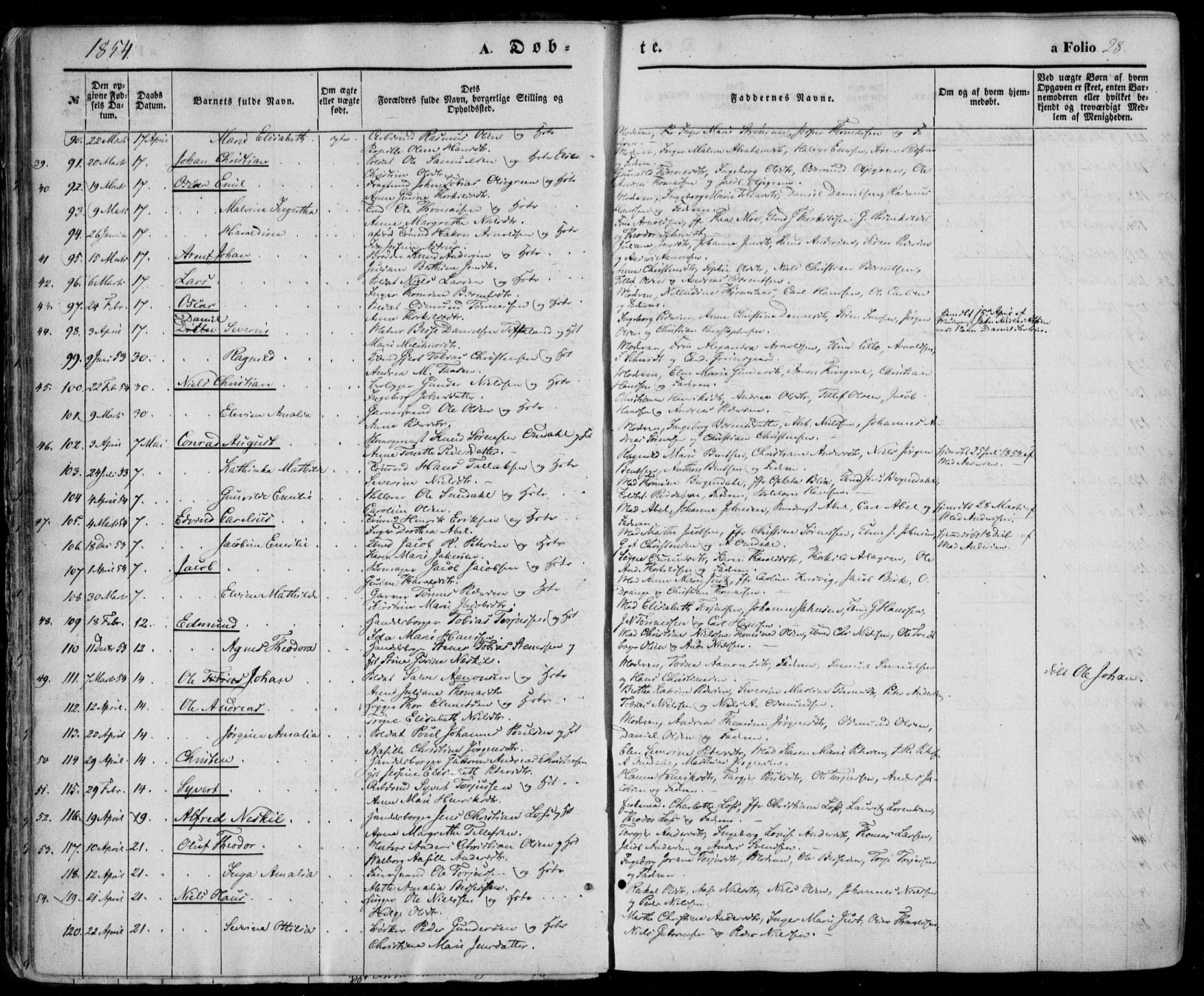 Kristiansand domprosti, SAK/1112-0006/F/Fa/L0014: Parish register (official) no. A 14, 1852-1867, p. 28
