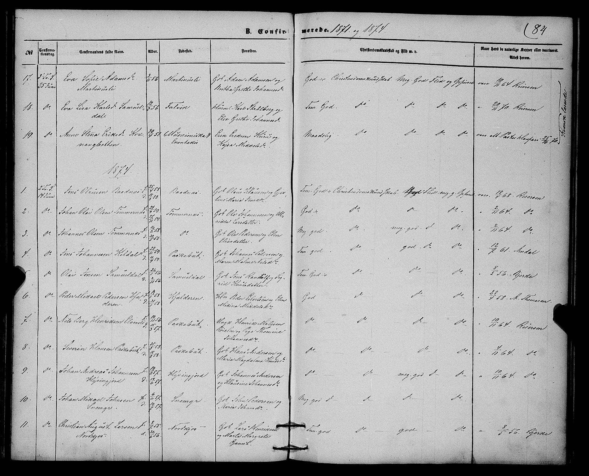 Skjervøy sokneprestkontor, SATØ/S-1300/H/Ha/Haa/L0013kirke: Parish register (official) no. 13, 1863-1877, p. 84