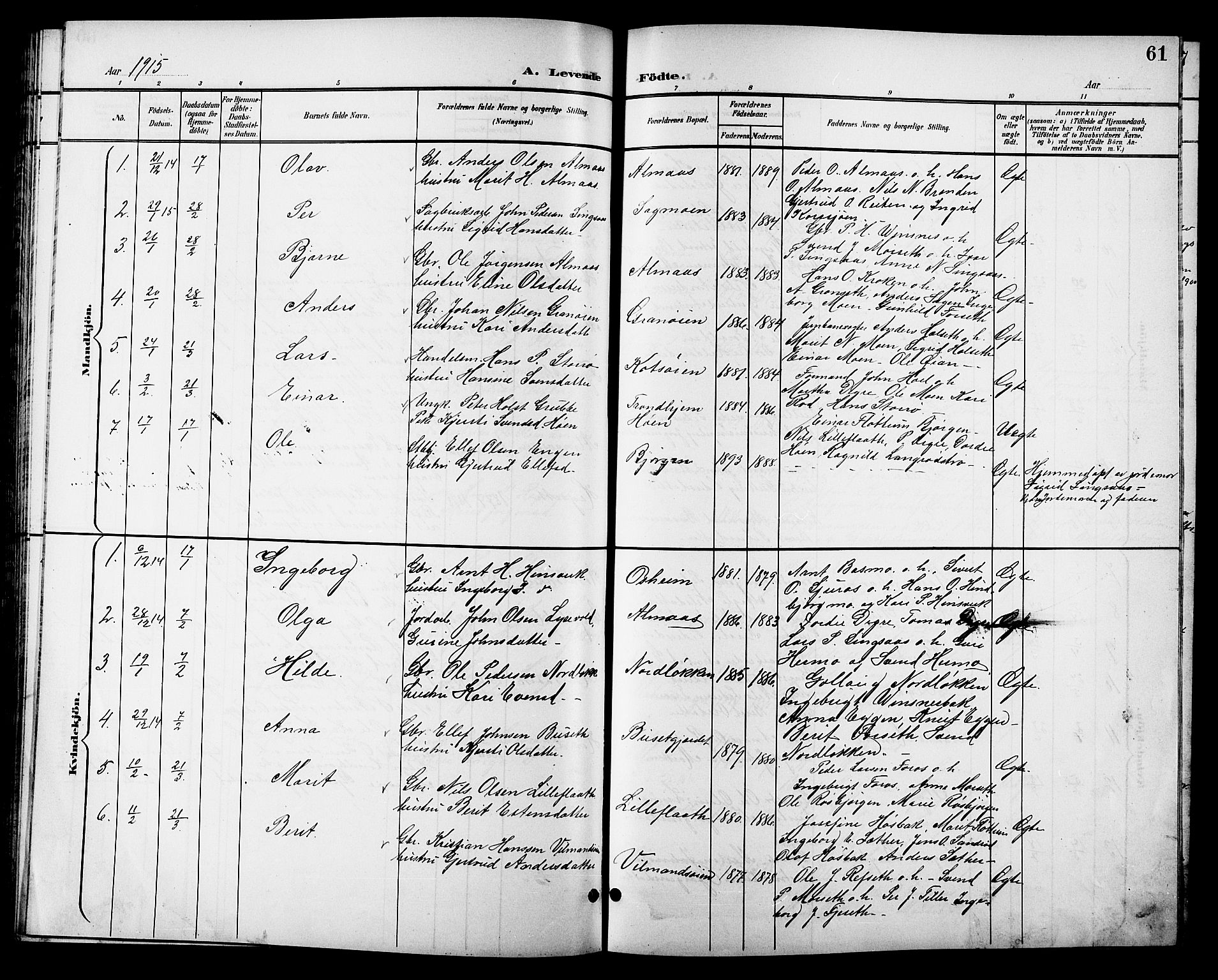 Ministerialprotokoller, klokkerbøker og fødselsregistre - Sør-Trøndelag, SAT/A-1456/688/L1029: Parish register (copy) no. 688C04, 1899-1915, p. 61