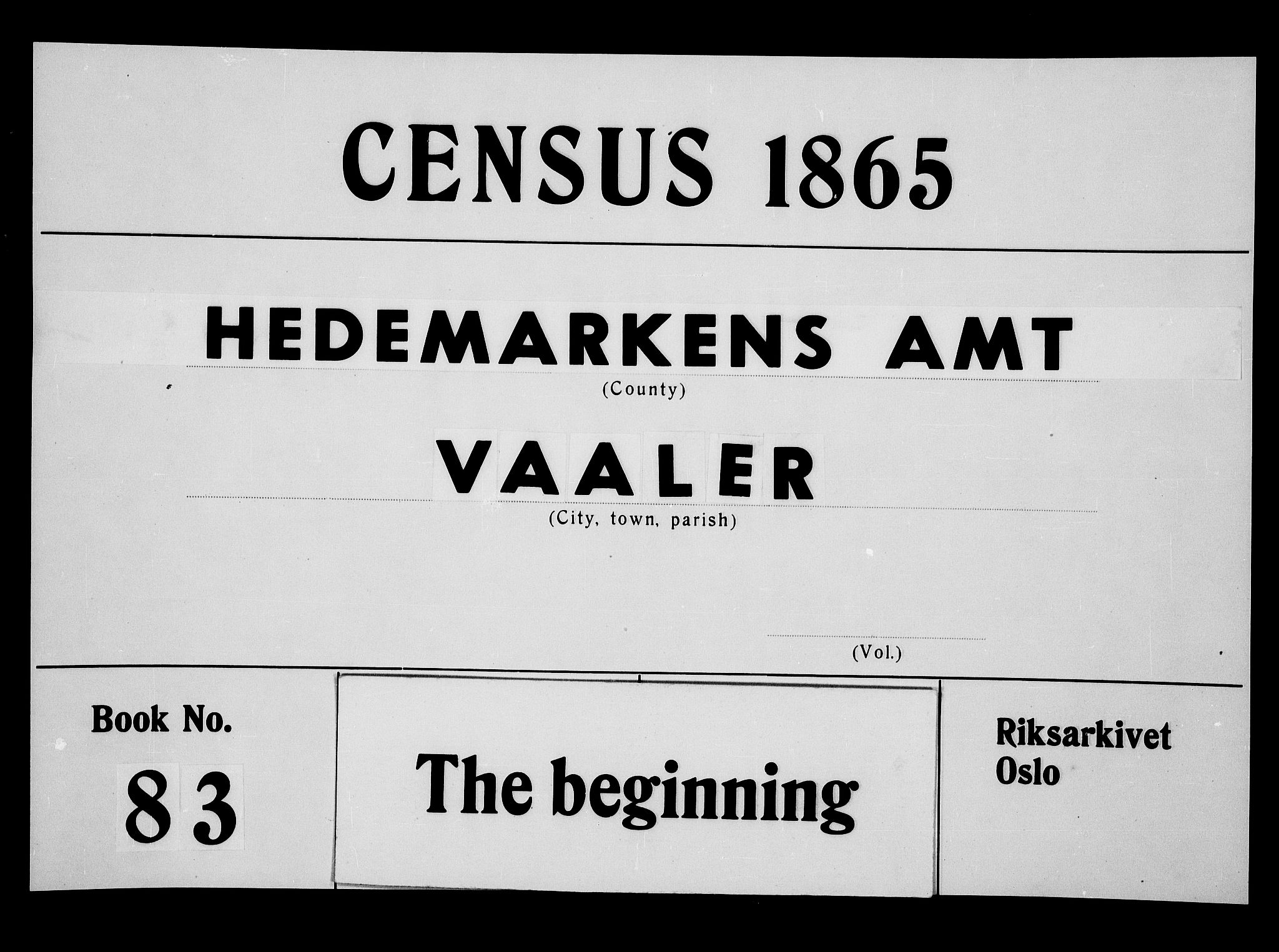 RA, 1865 census for Våler, 1865, p. 1