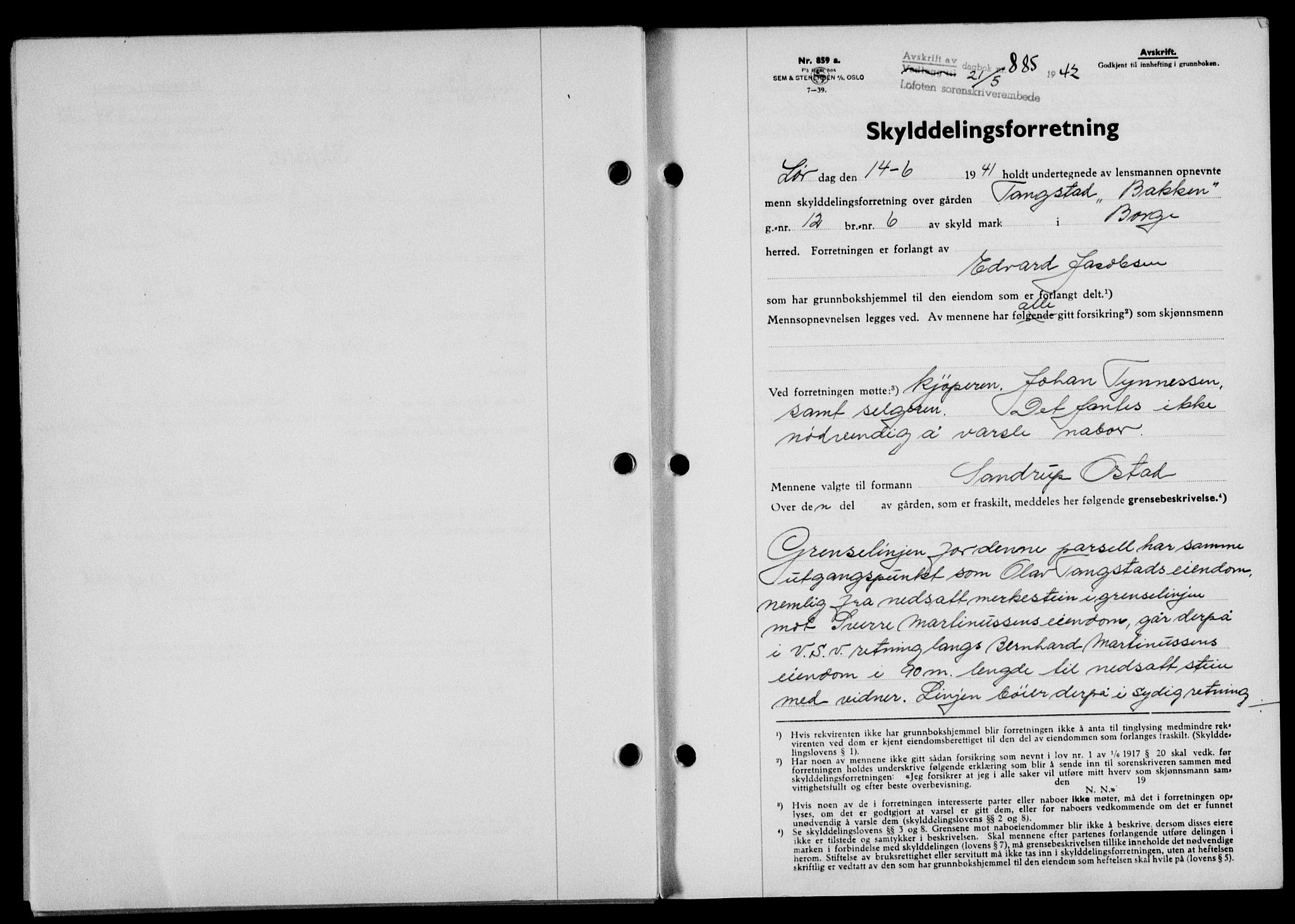 Lofoten sorenskriveri, SAT/A-0017/1/2/2C/L0009a: Mortgage book no. 9a, 1941-1942, Diary no: : 885/1942